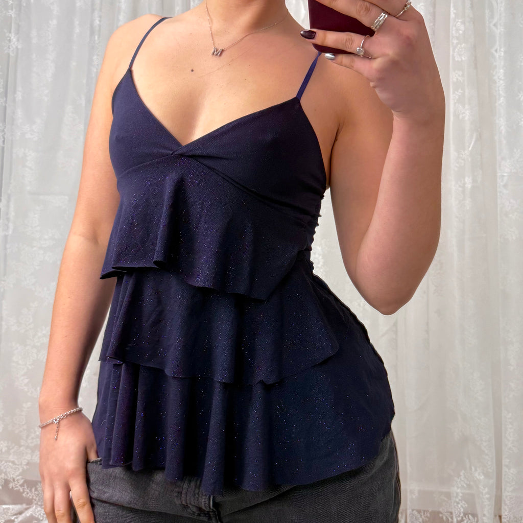 Navy glittery ruffle cami top