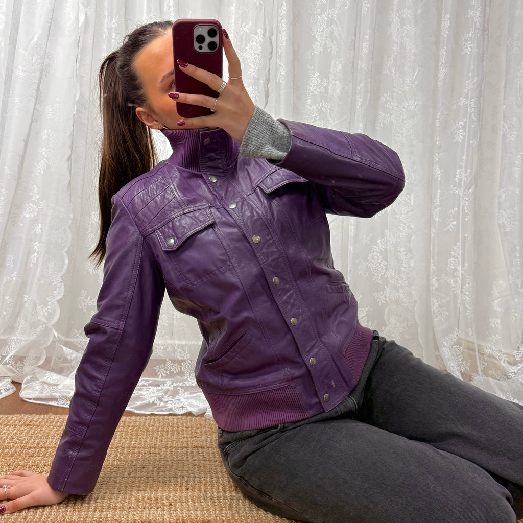Purple leather bomber jacket