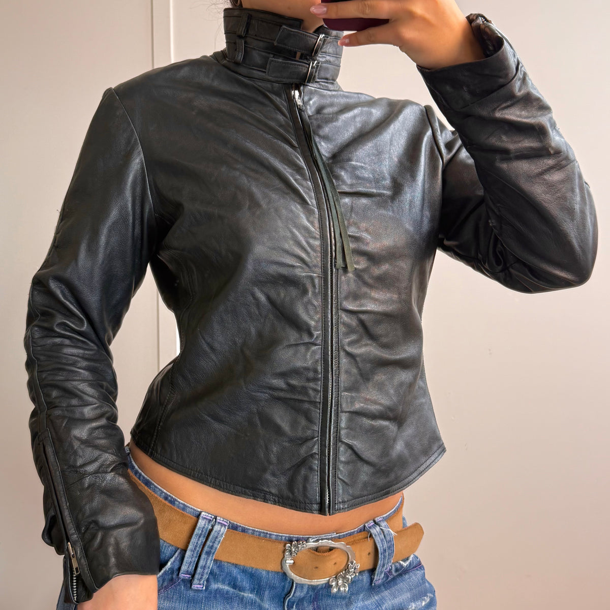 Black leather ruched jacket with collar detailing