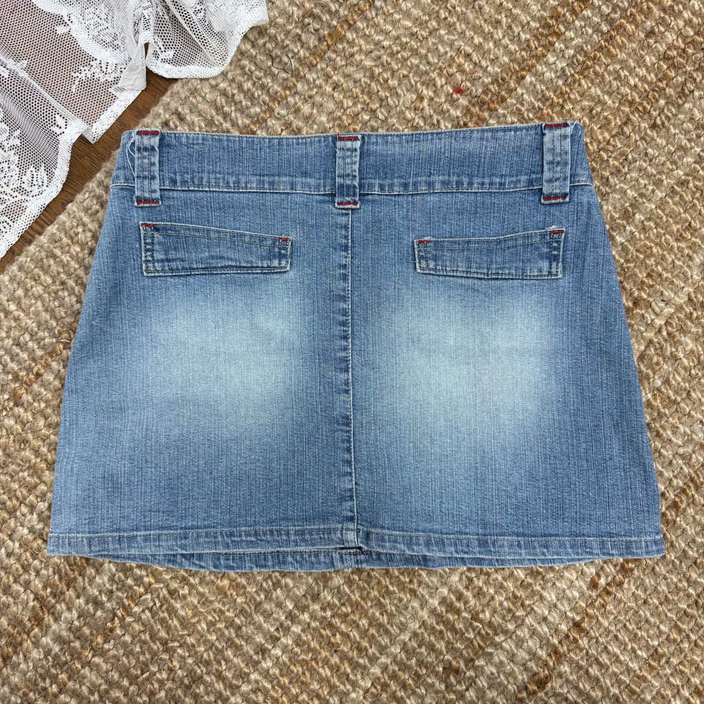 Light wash denim mini skirt with waistband detailing