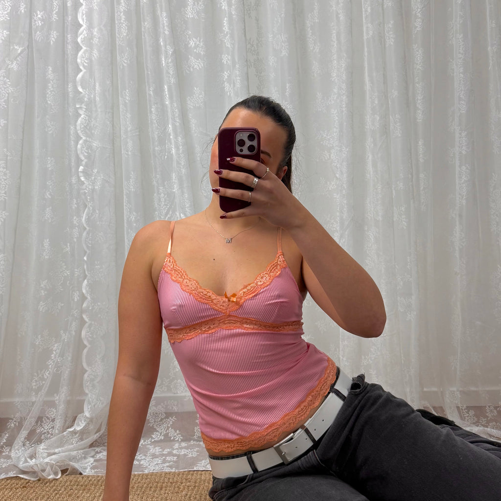 Pink and orange lace cami top