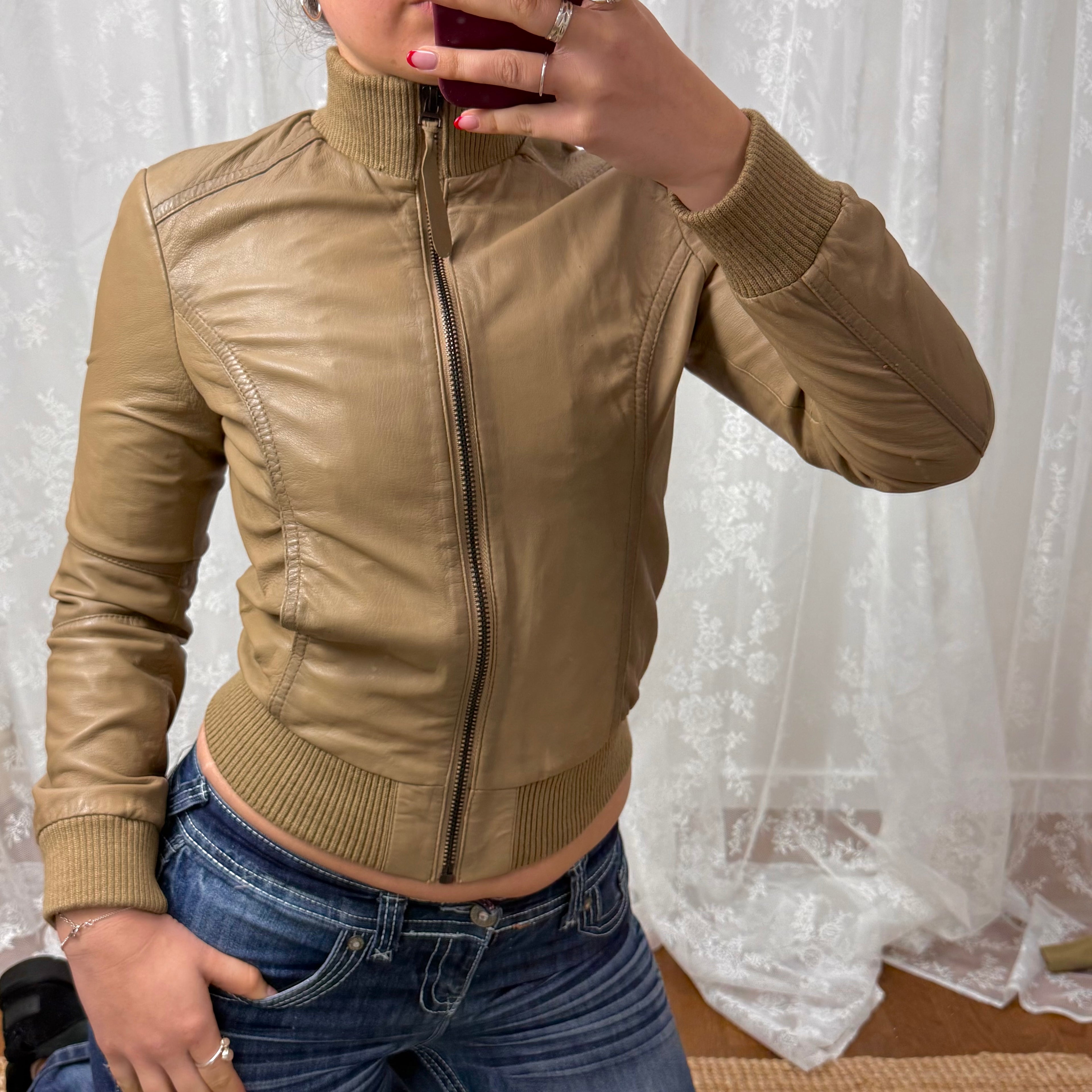 Beige leather bomber jacket