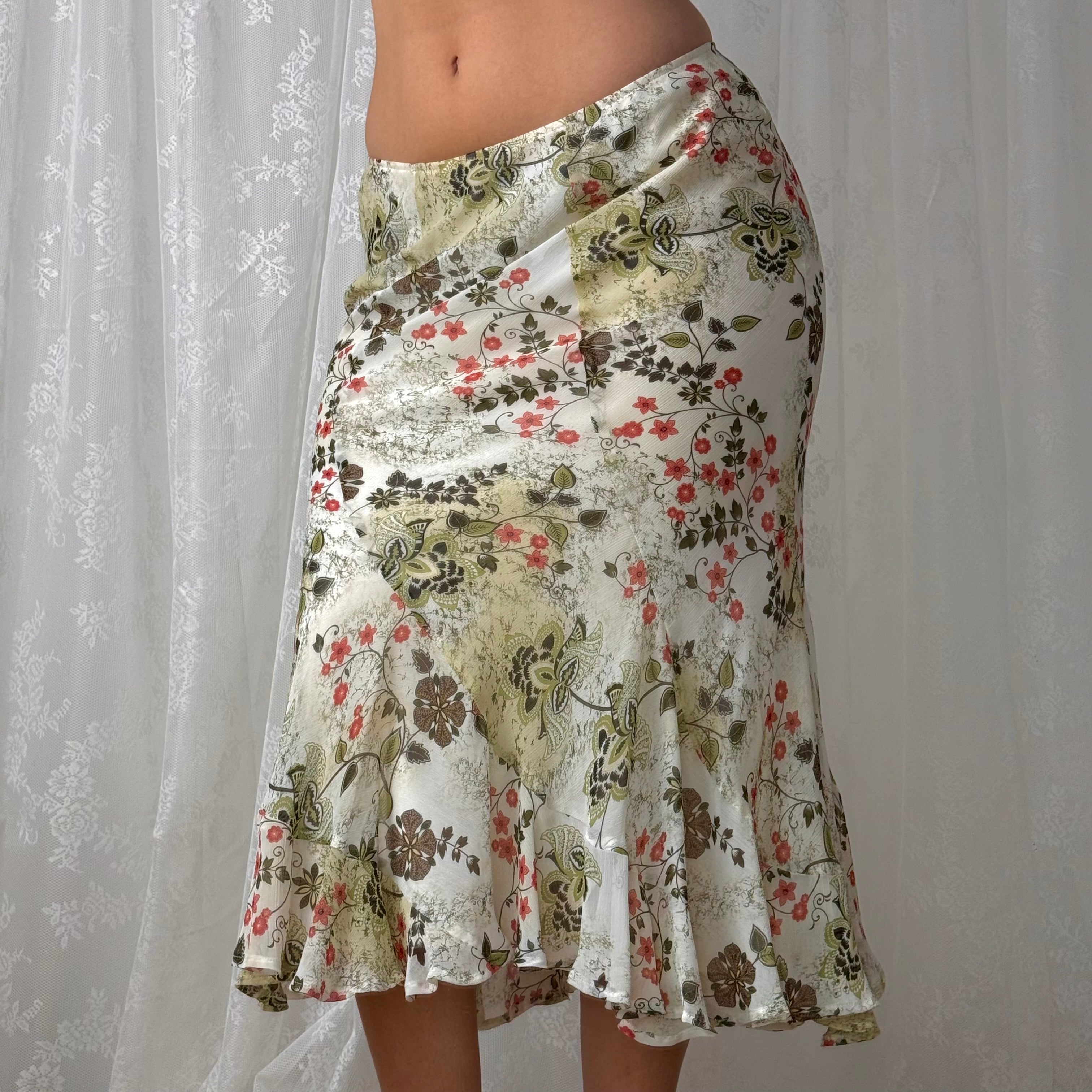 Green and white patterned mesh midi skirt