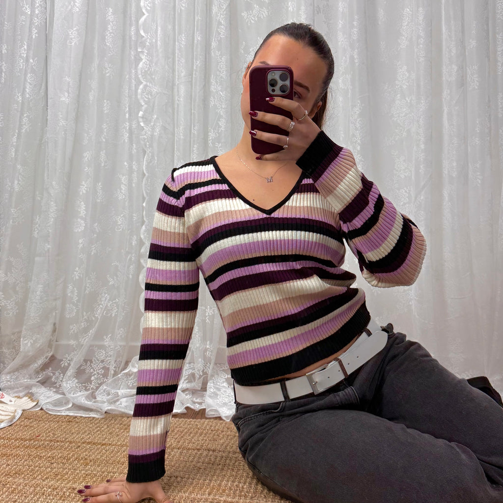 Pink and purple striped v neck sweater