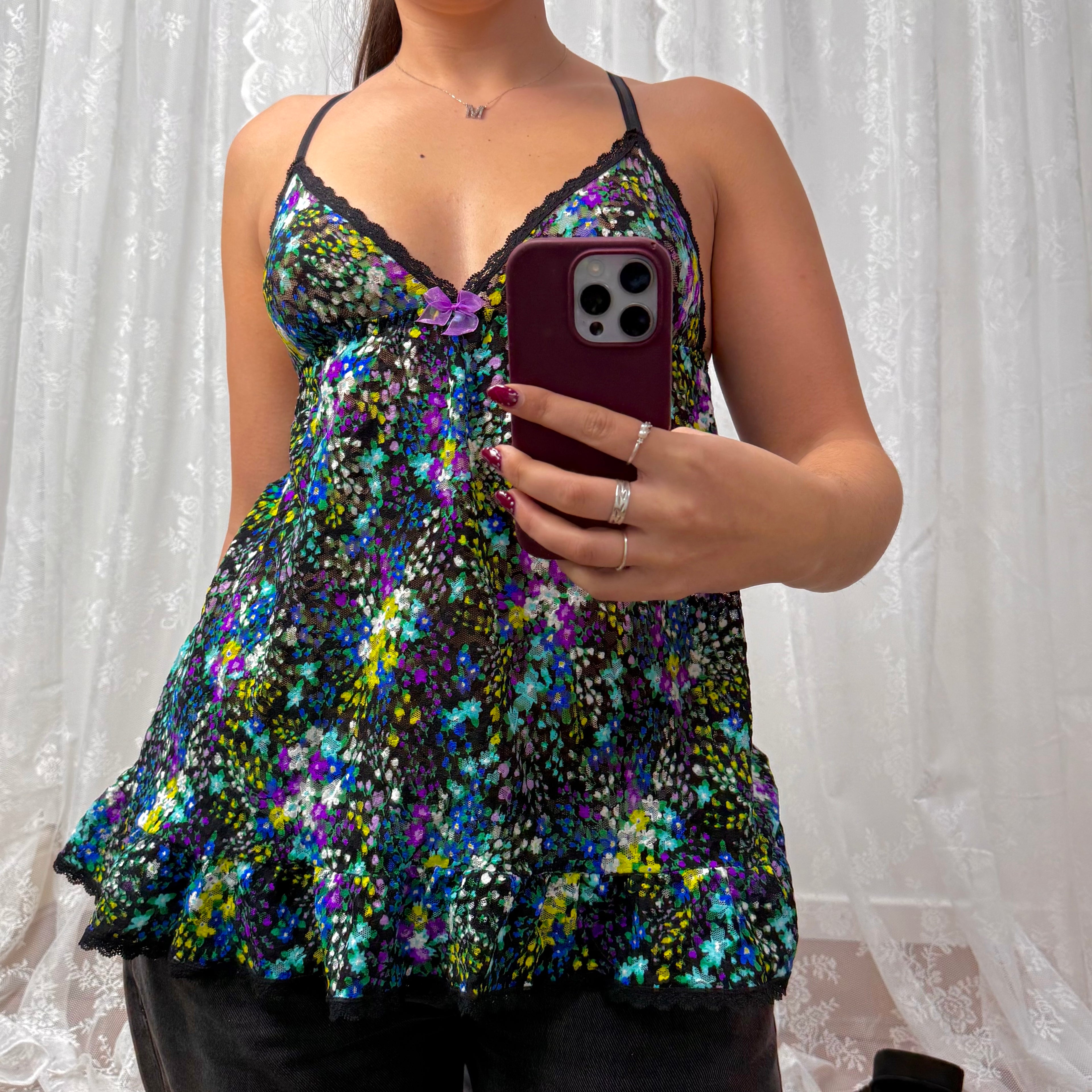 Multicoloured floral ditsy Longlined cami top