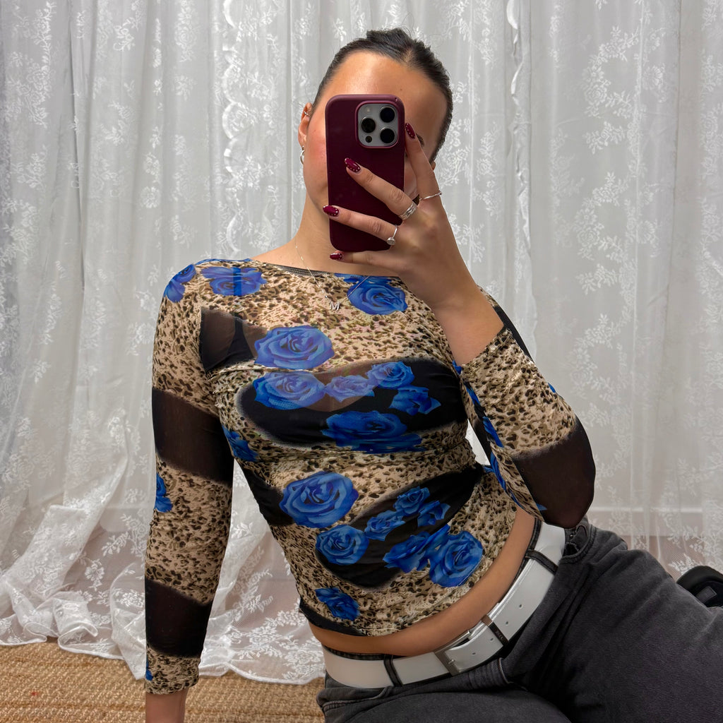 Multicoloured patterned mesh long sleeved top