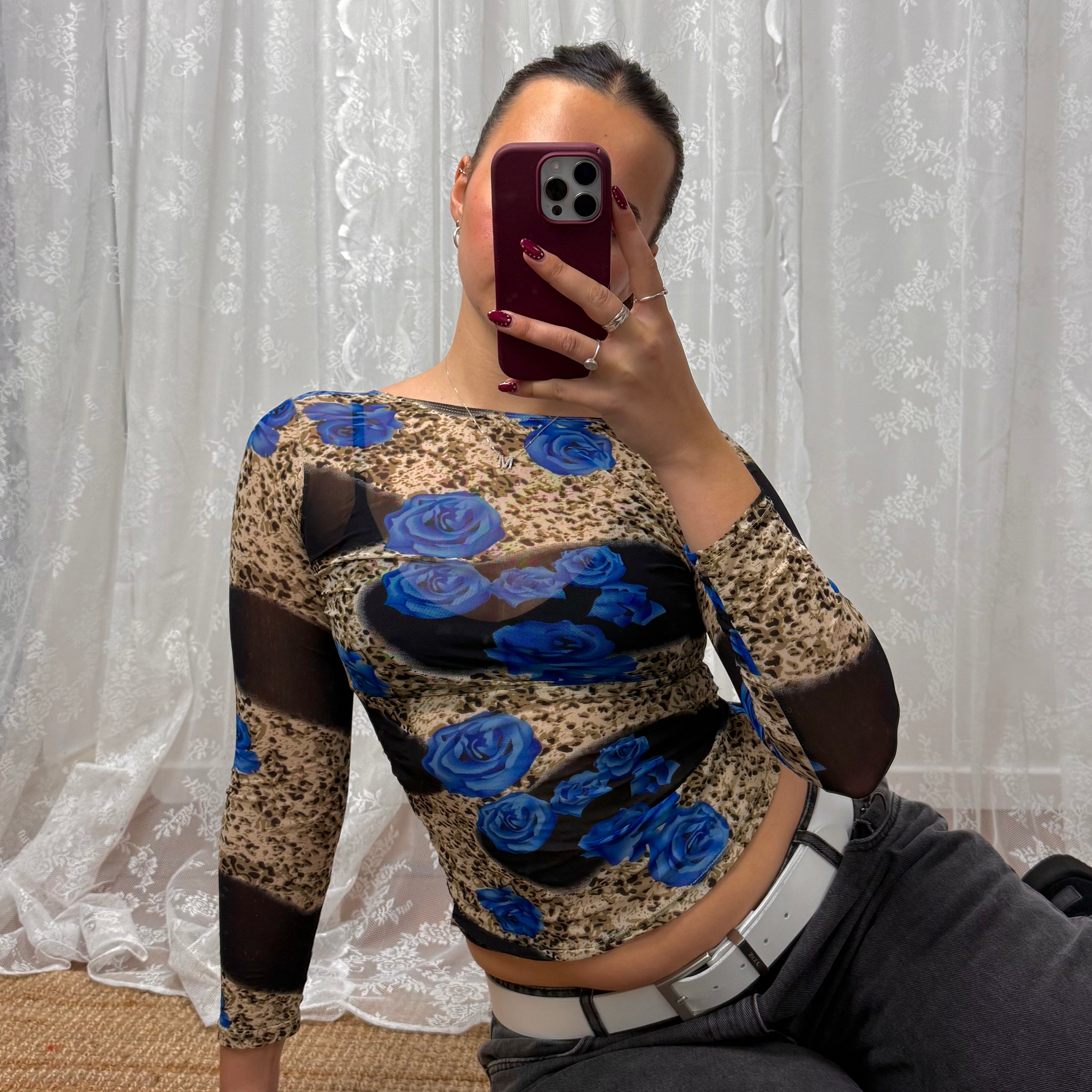 Multicoloured patterned mesh long sleeved top