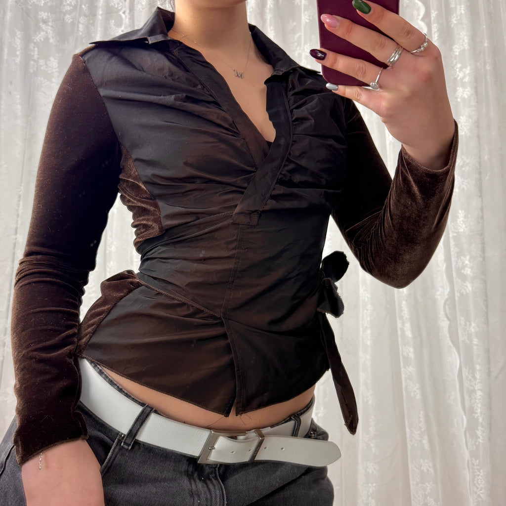 Brown velvet and shiny metallic wrap around shirt