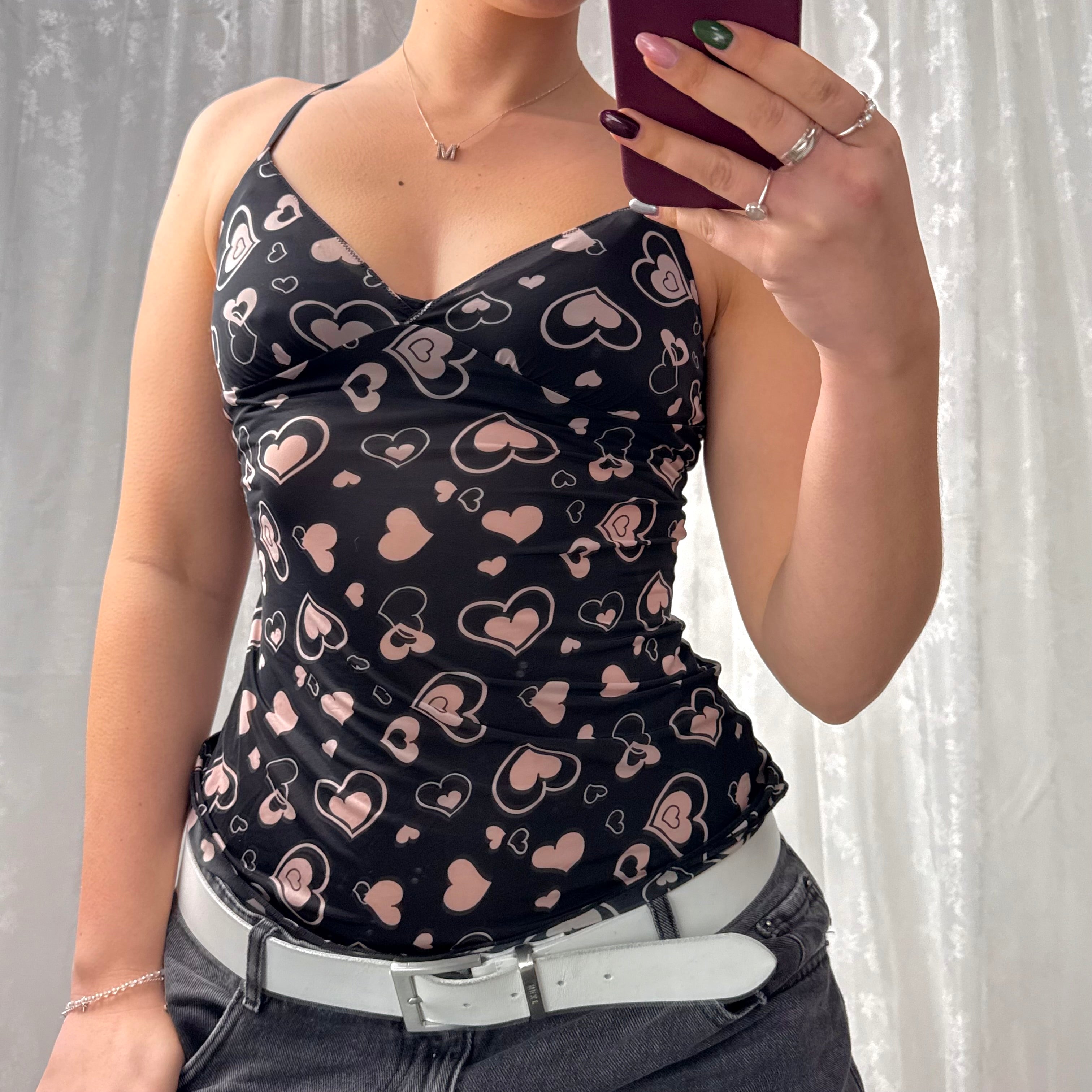 Black and pink mesh heart cami top