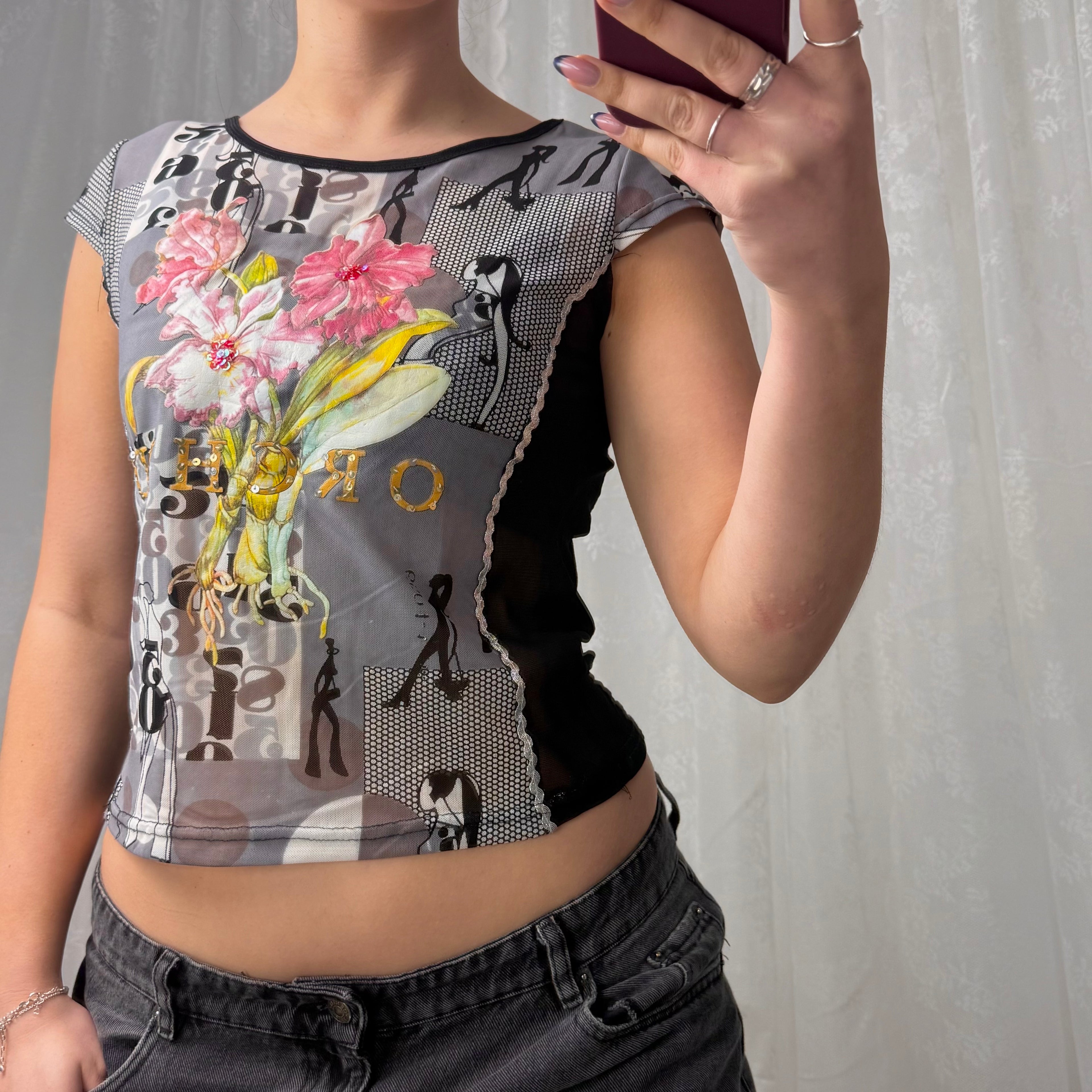 Black patterned mesh baby tee