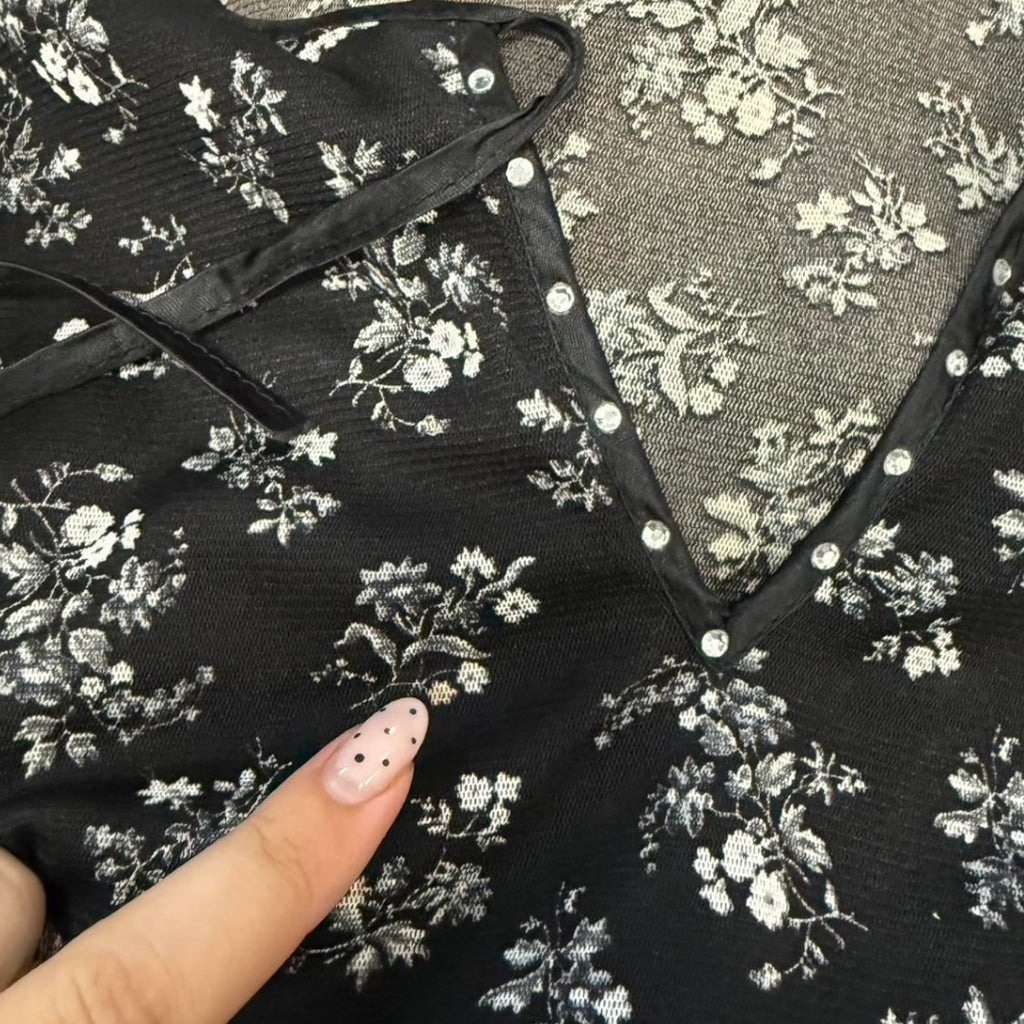 Black and white floral mesh top
