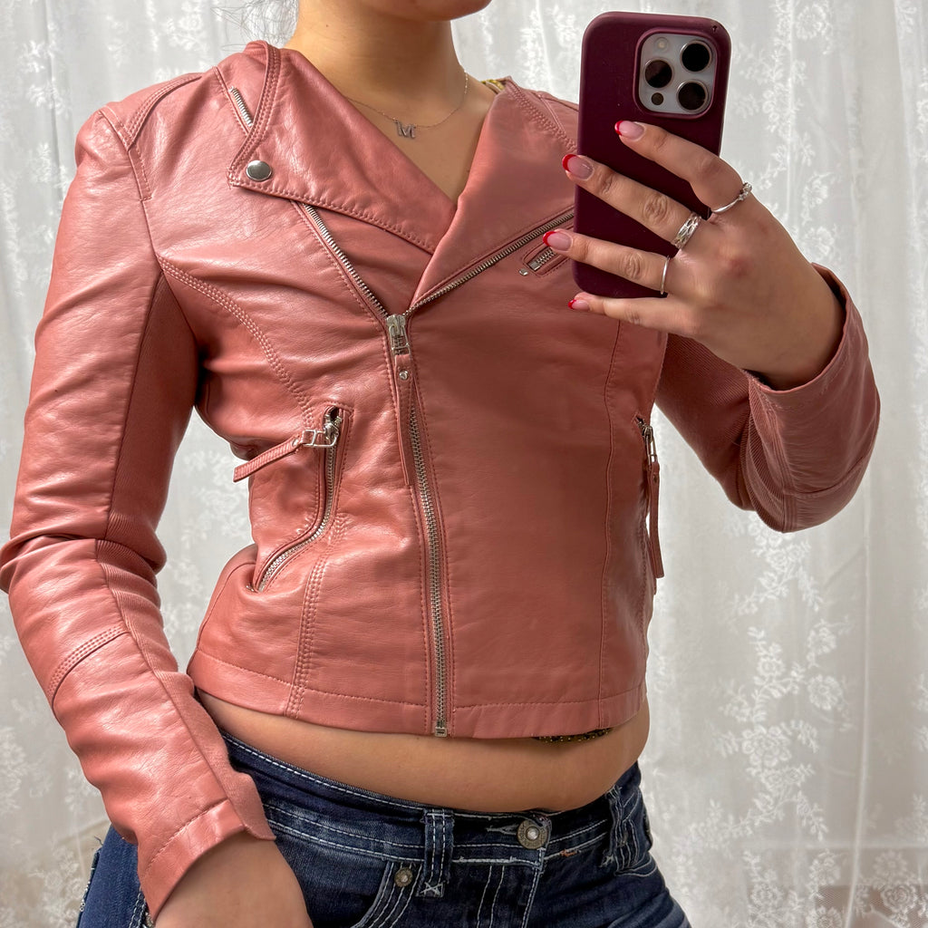 Pink faux leather zip up jacket