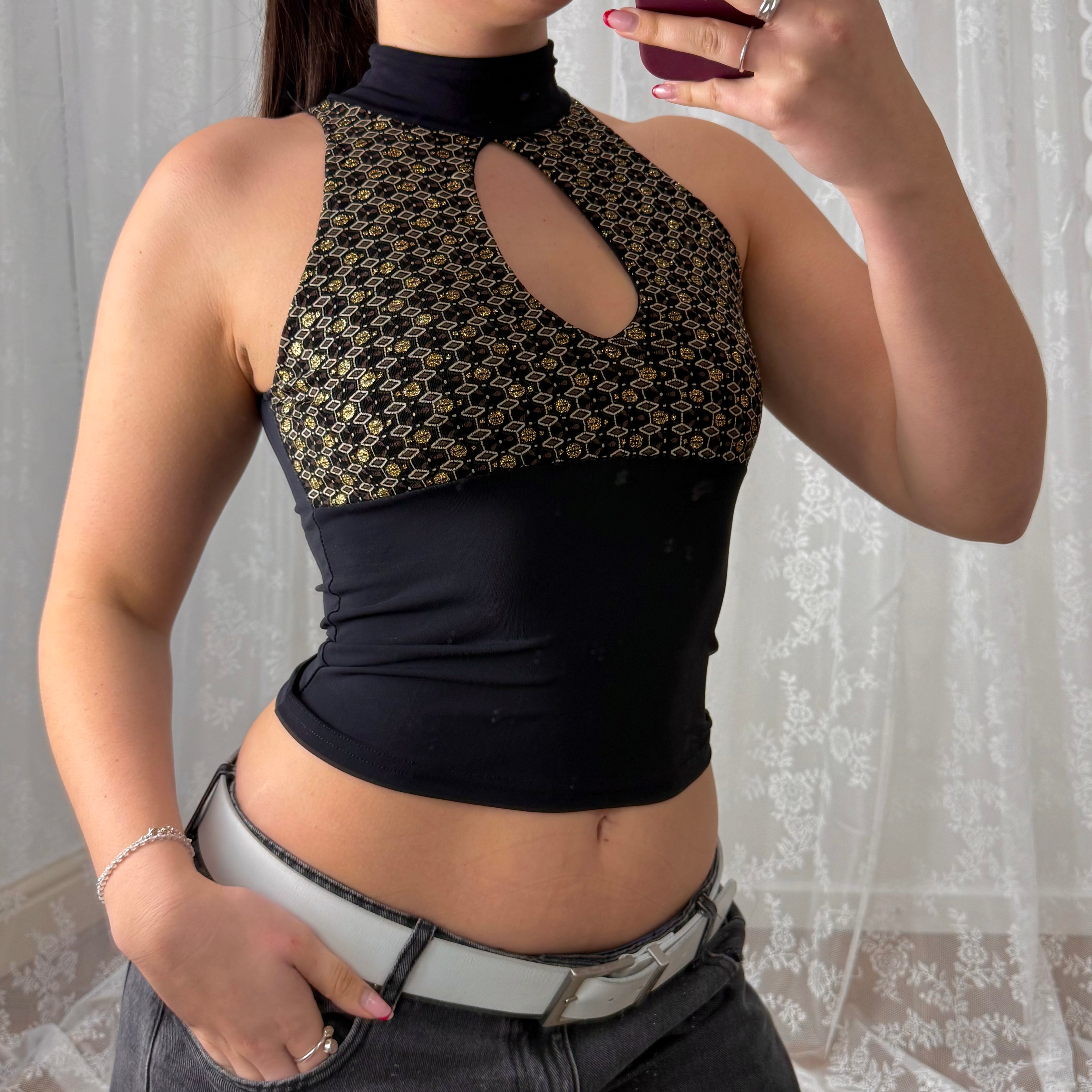 Black and gold glittery cut out top