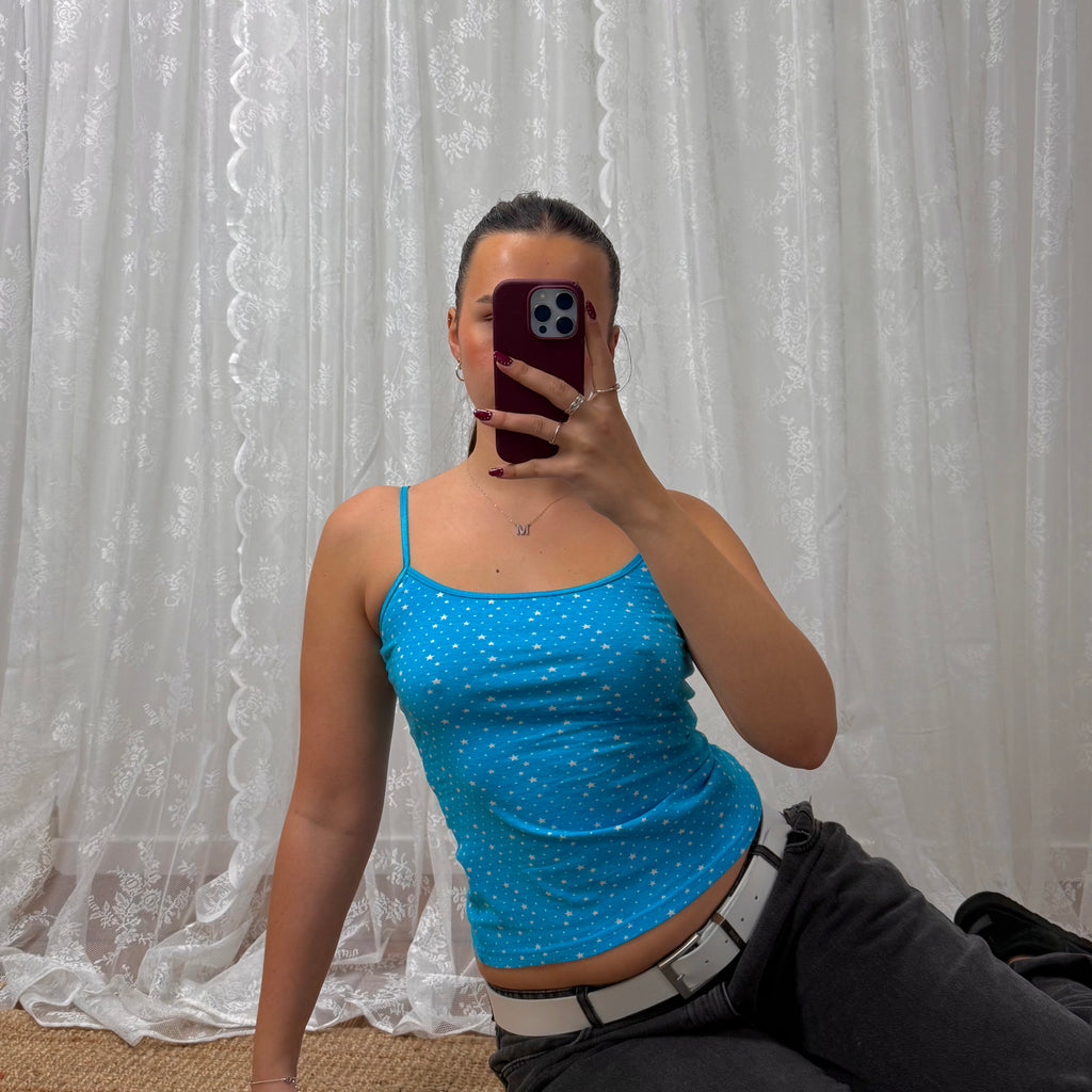 Blue and white starry strappy cami top