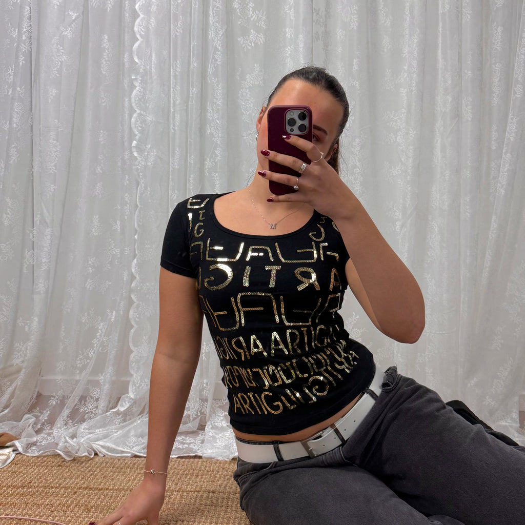 Black gold sequin baby tee