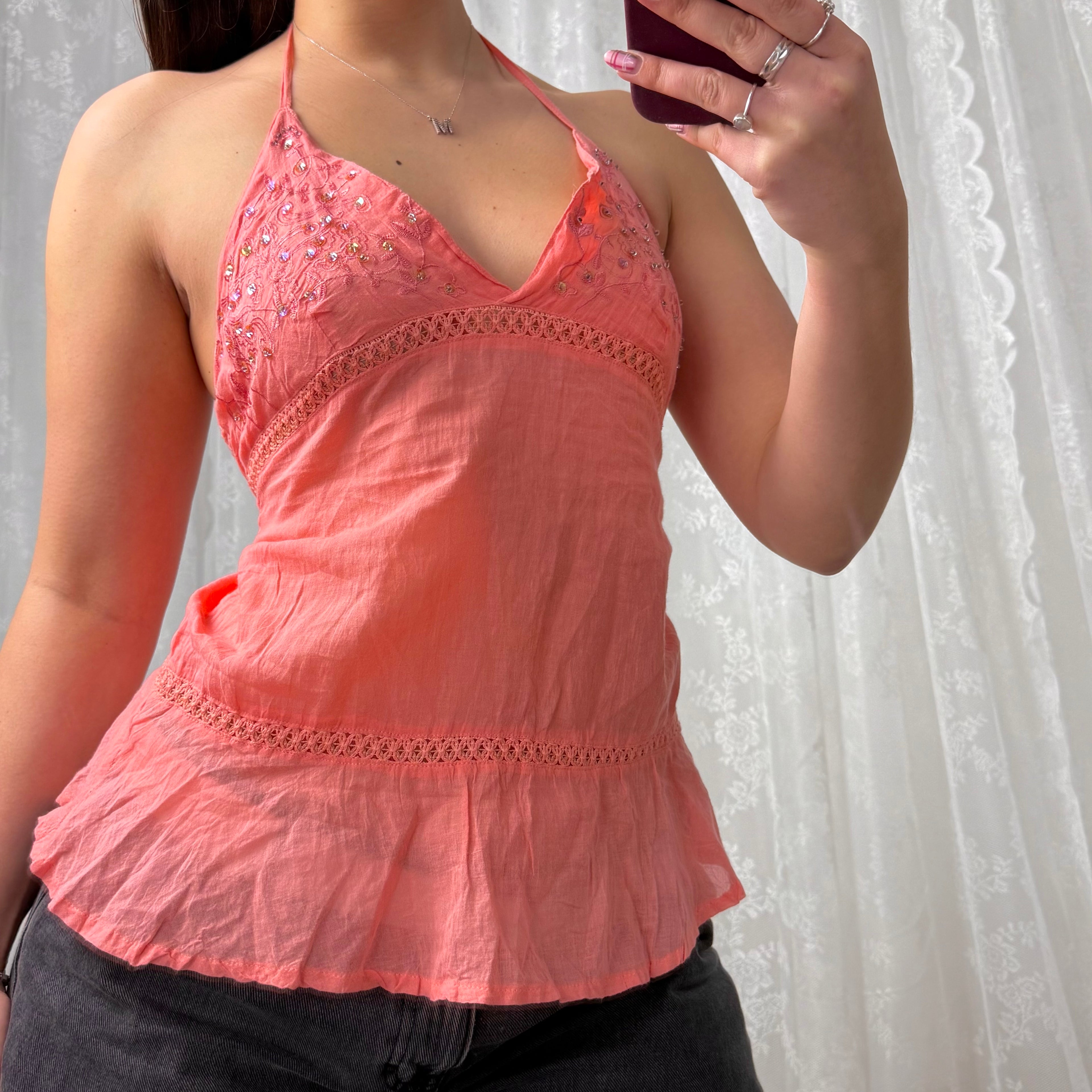 Pink/coral sequin Embroided halterneck top