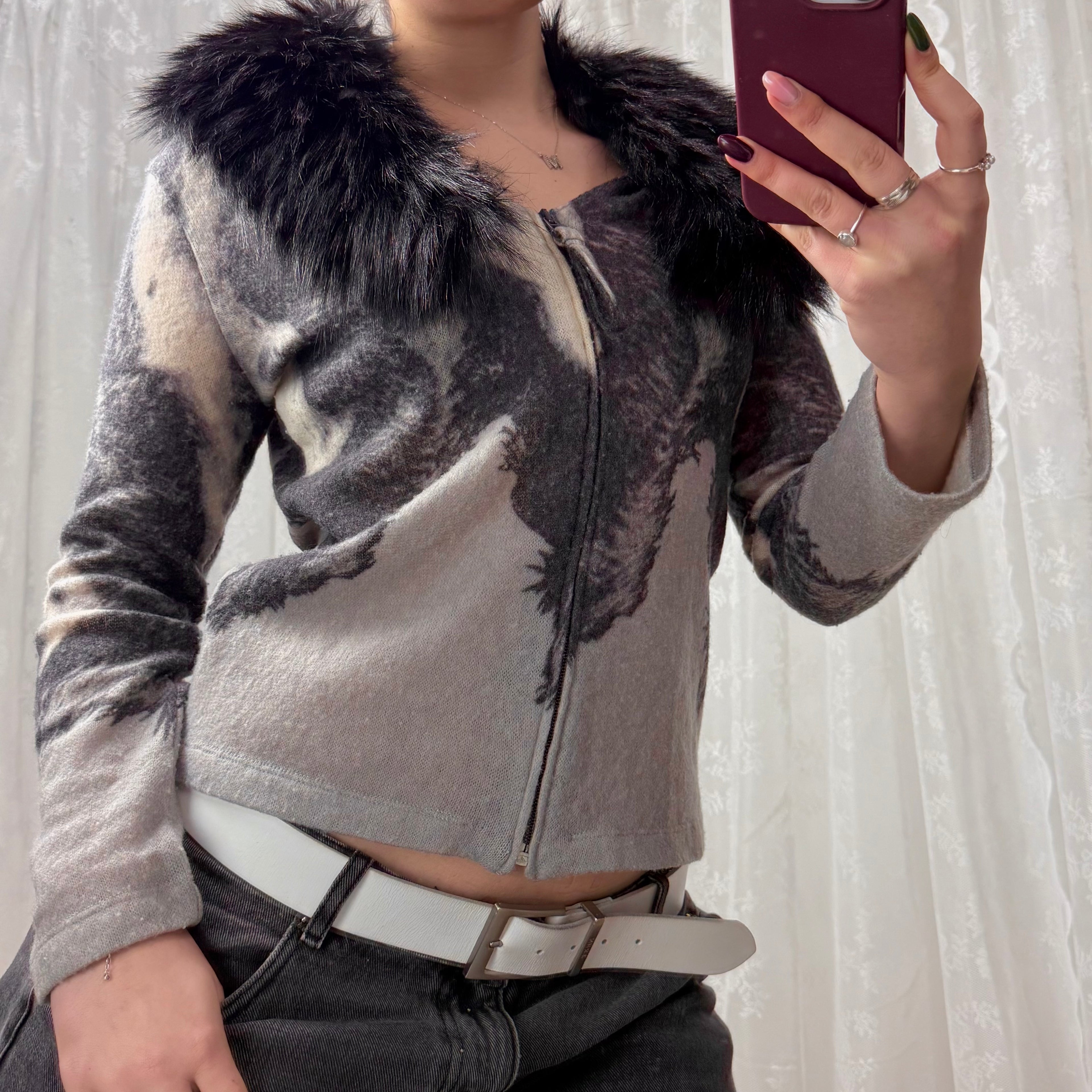 Grey and black collared zip up cardigan