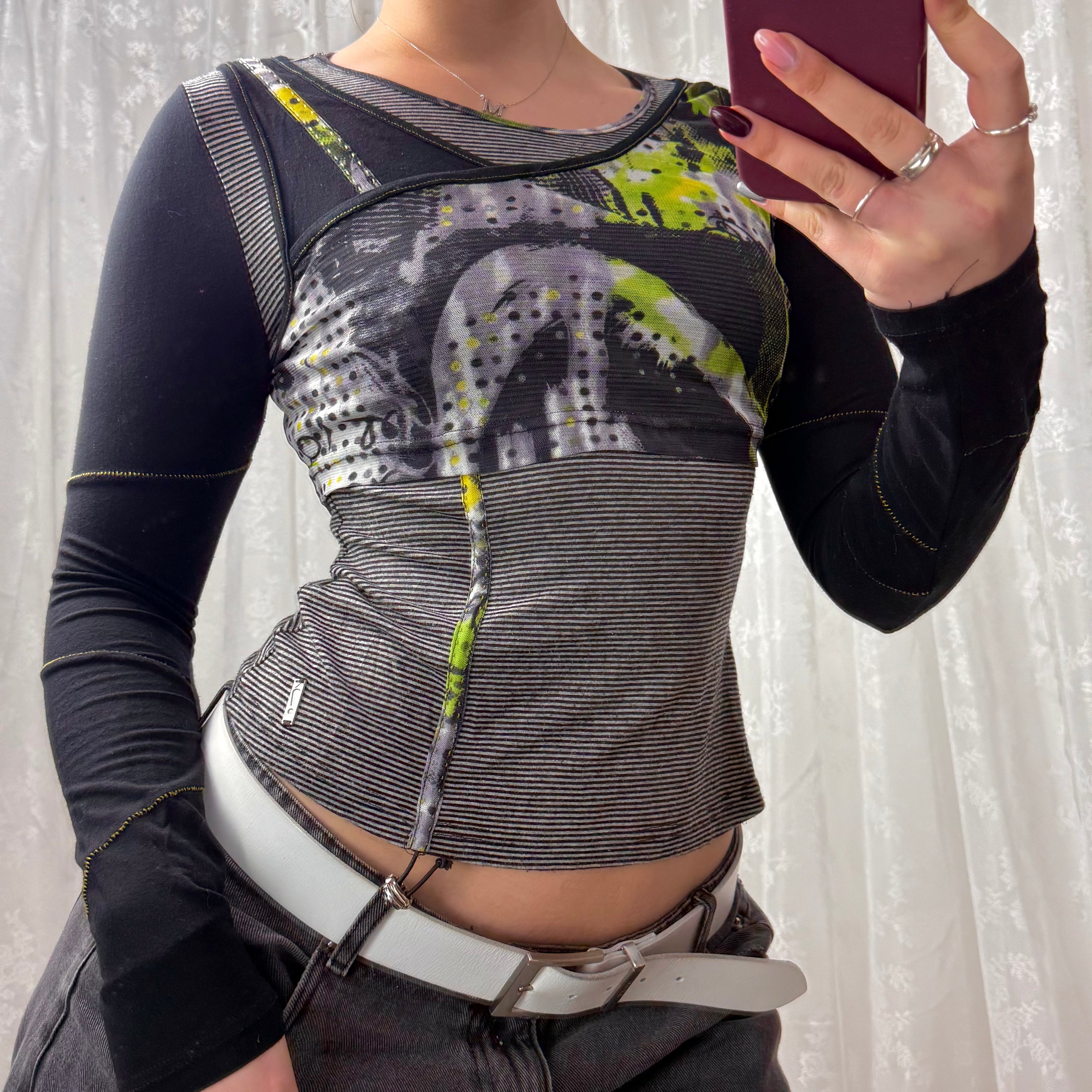 Grey and black long sleeved top with mesh and ruching