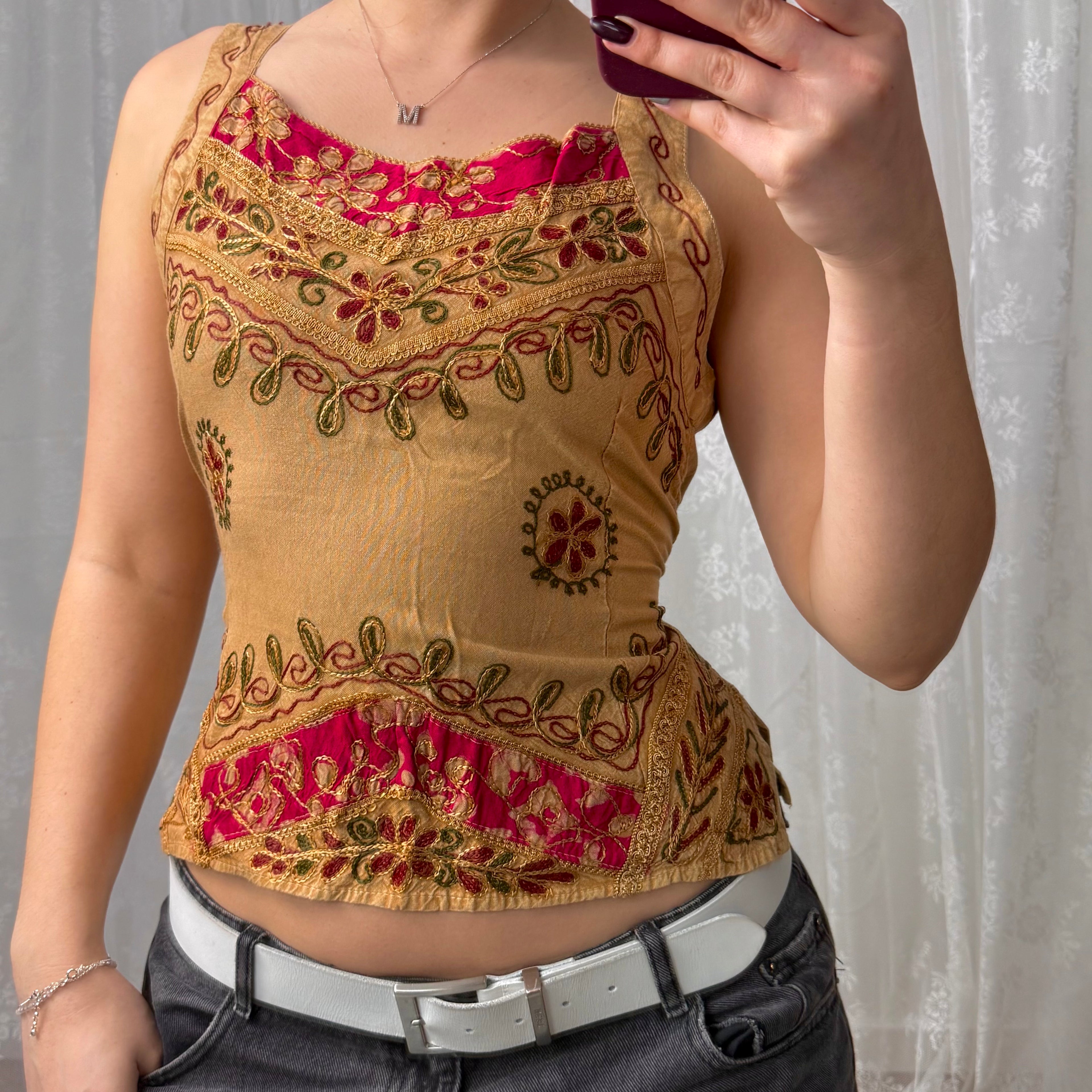 Beige embroided top with tie back