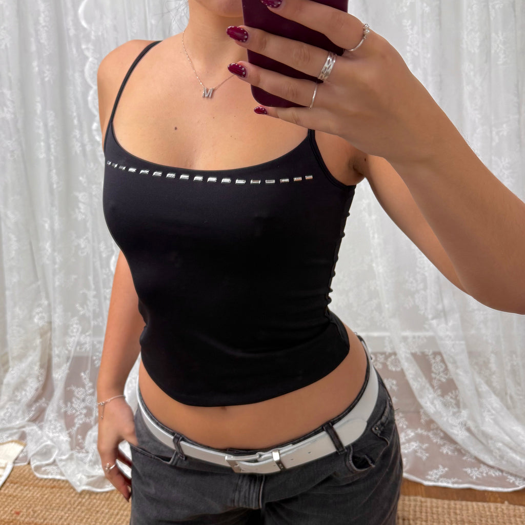 Black slinky crop top with silver pattern