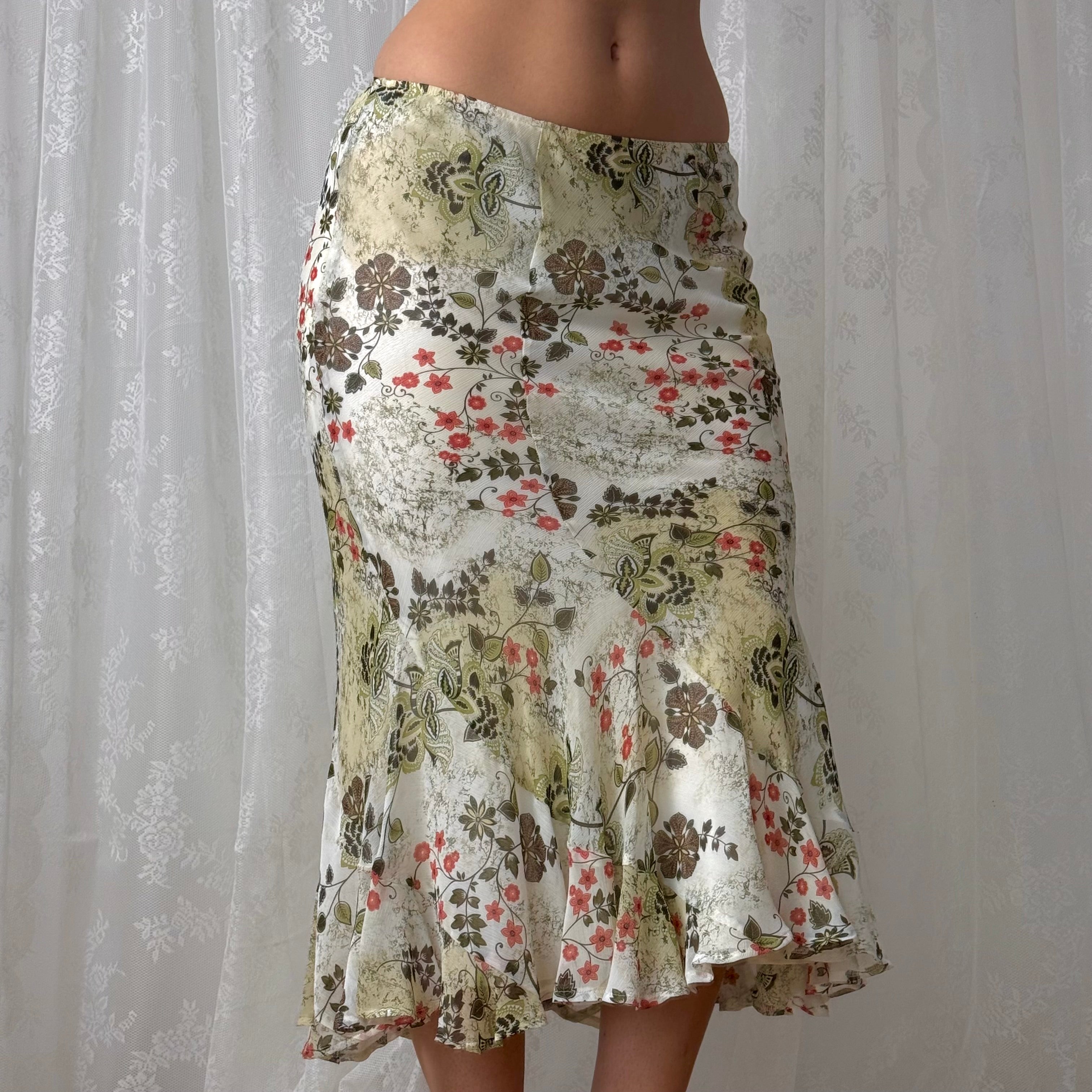 Green and white patterned mesh midi skirt