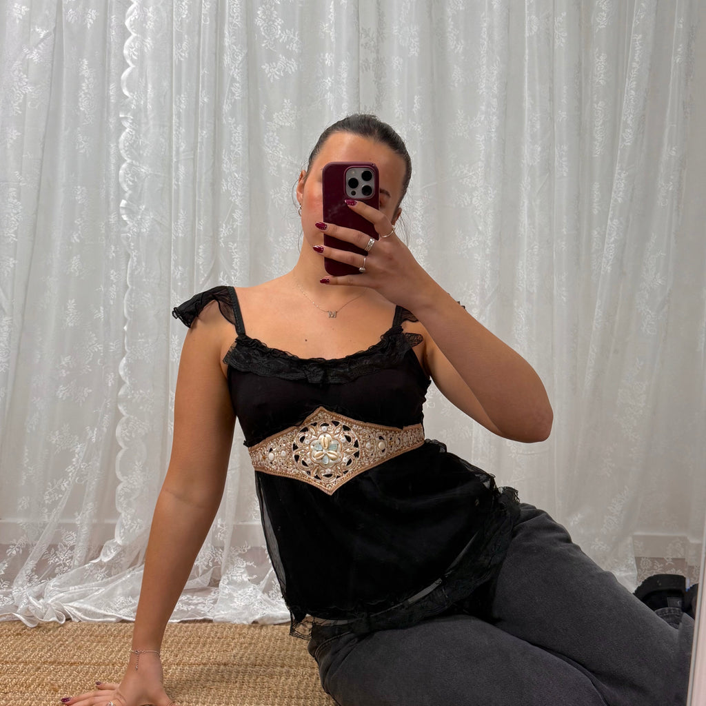 Vintage black ruffle sequin top