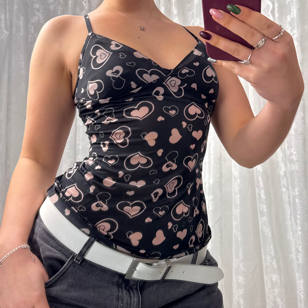 Black and pink mesh heart cami top