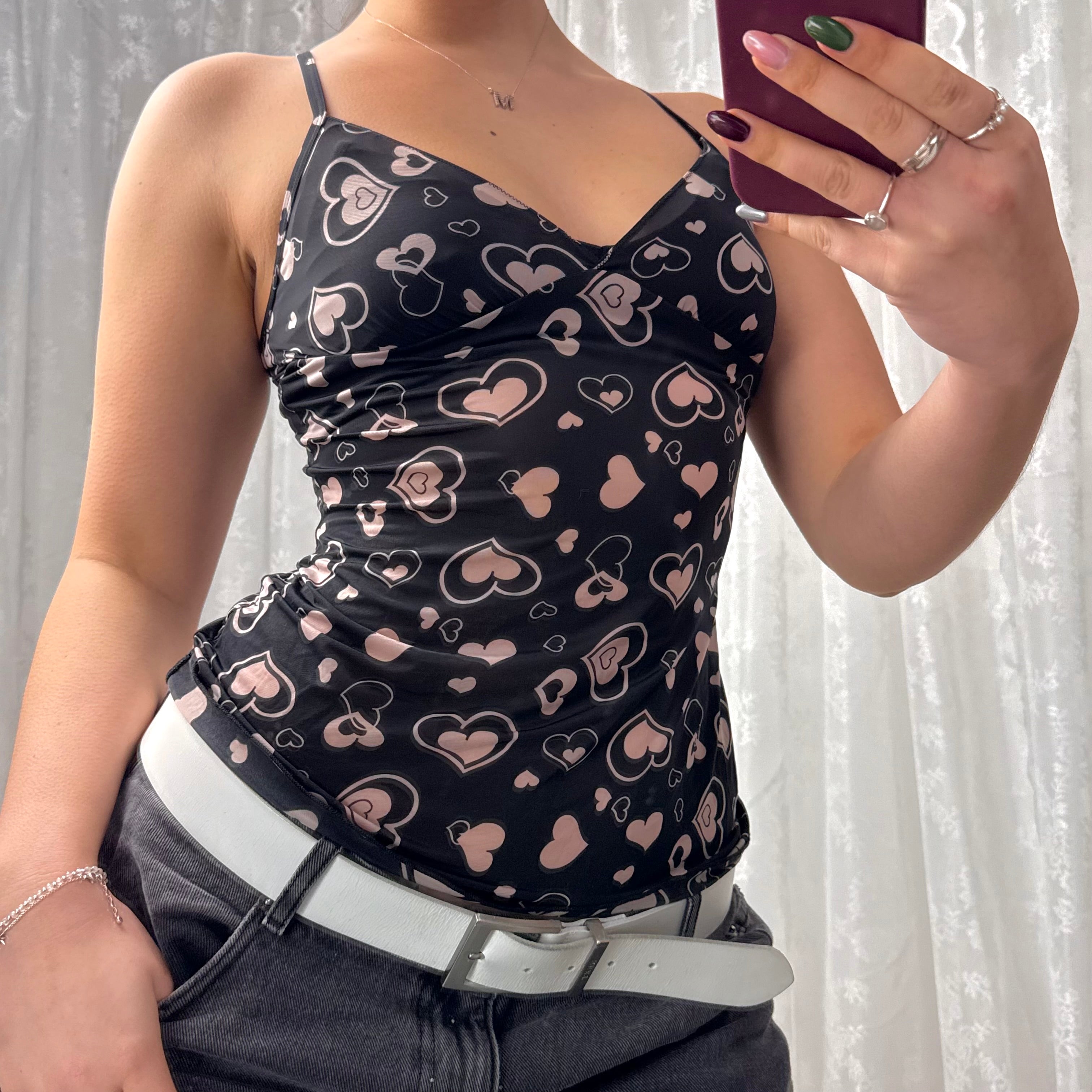 Black and pink mesh heart cami top
