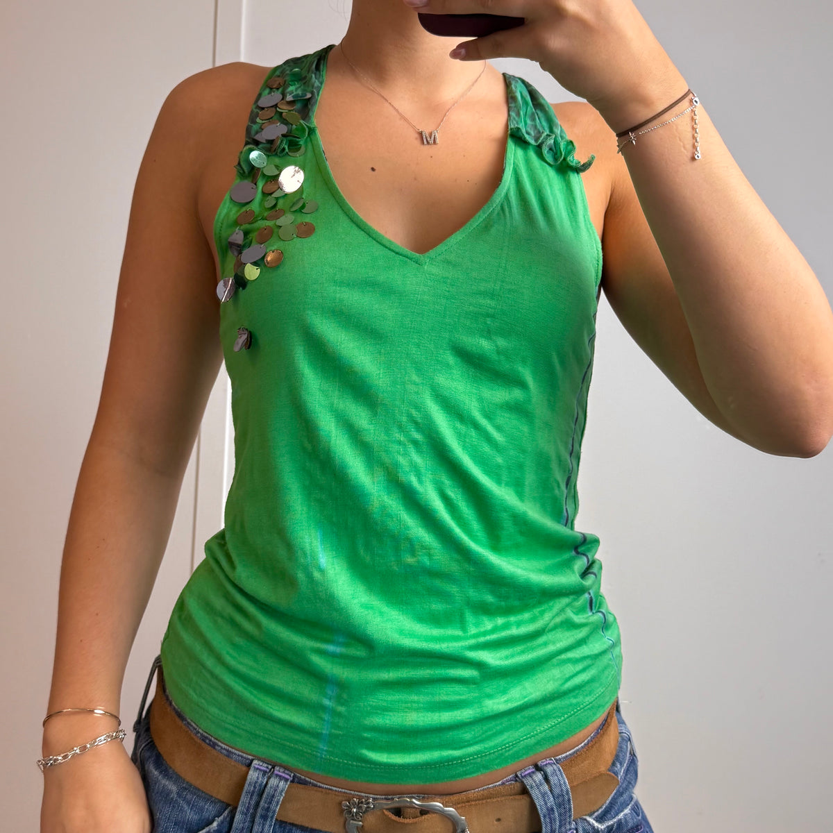 Green sequin cami top