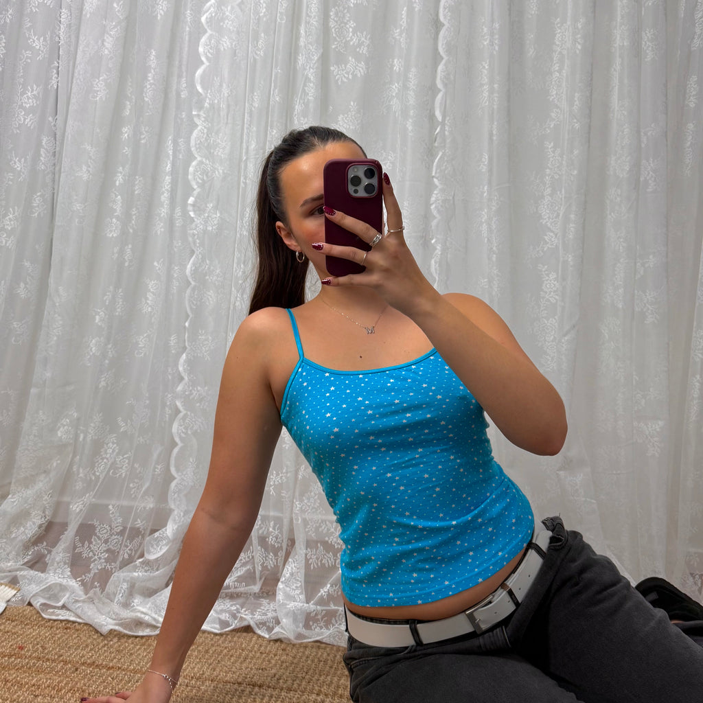 Blue and white starry strappy cami top