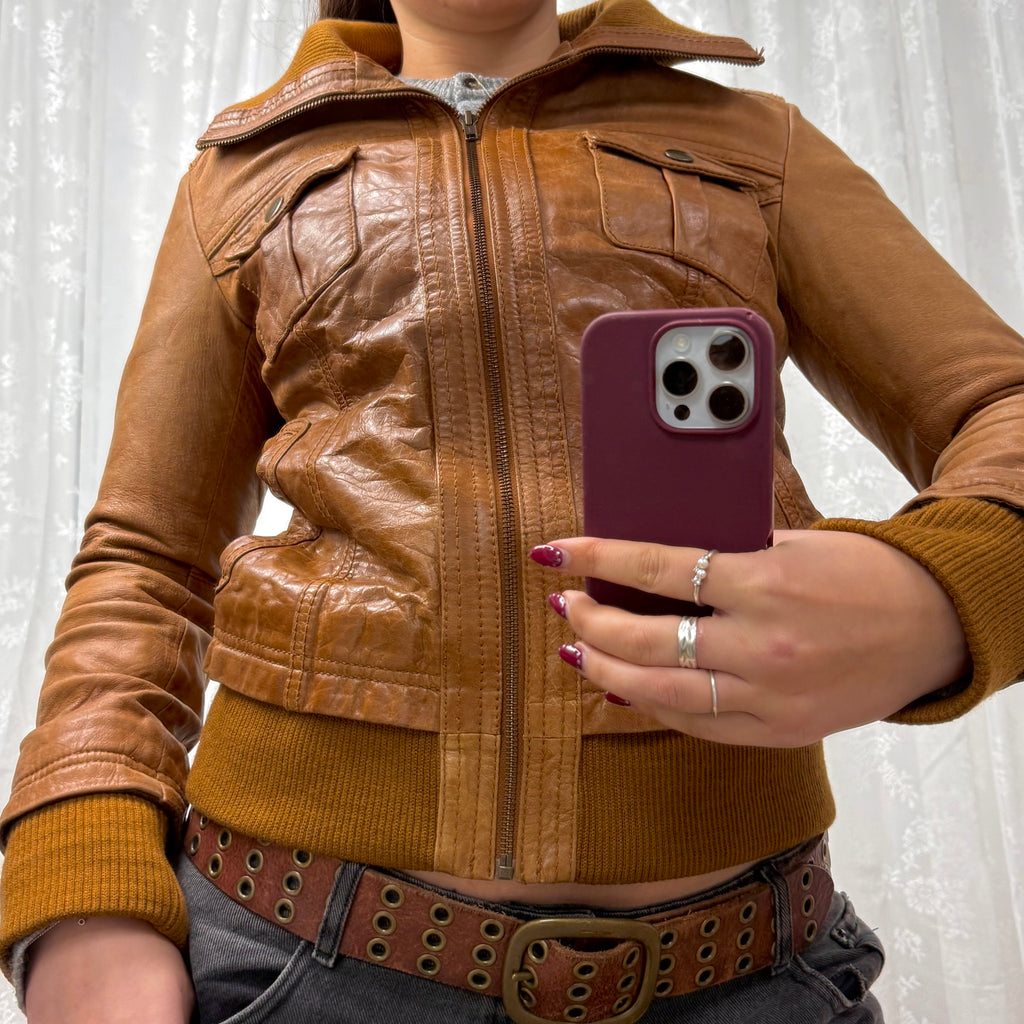 Brown/tan leather bomber Jacket