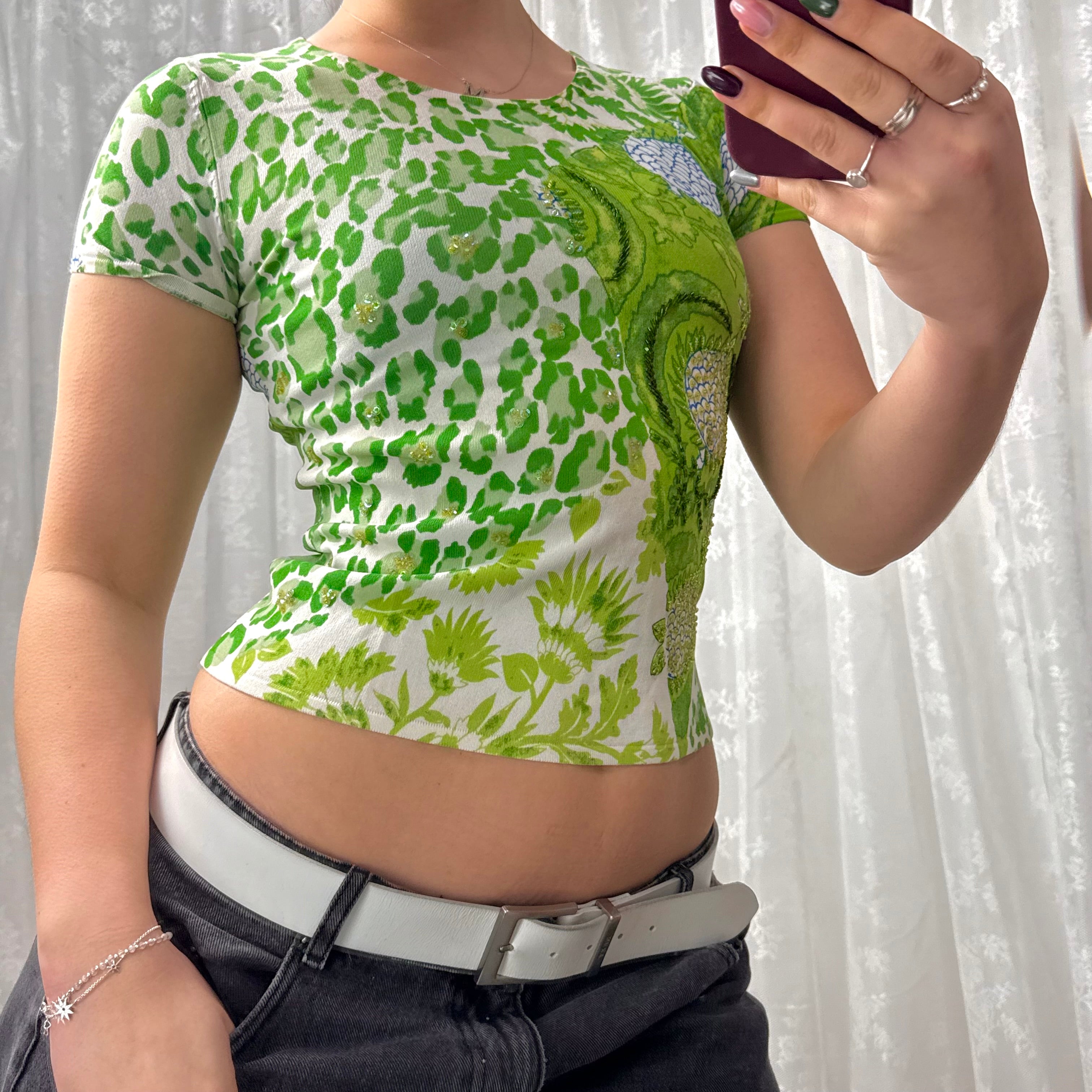 Green and white sequin baby tee