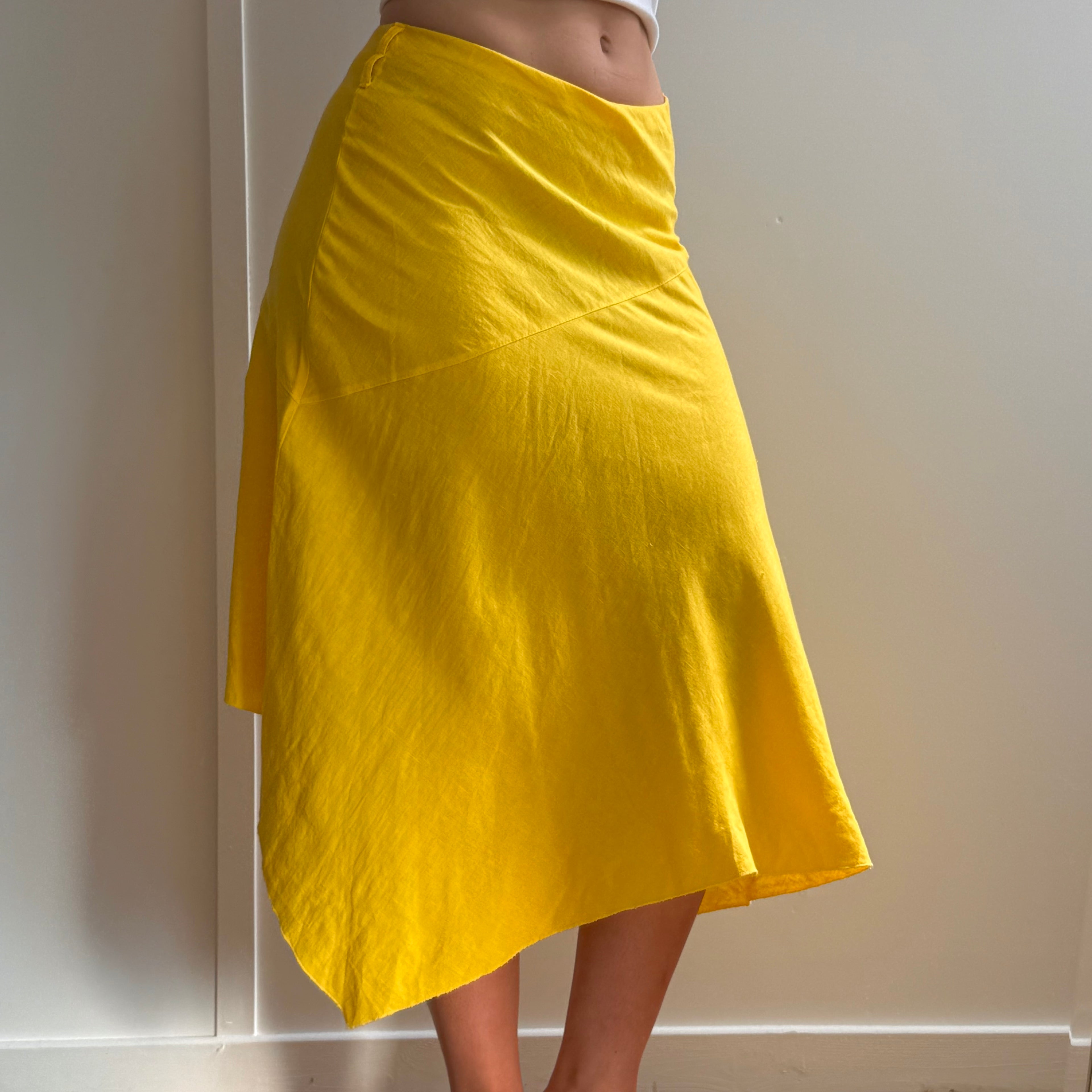 Yellow linen asymmetrical midi skirt