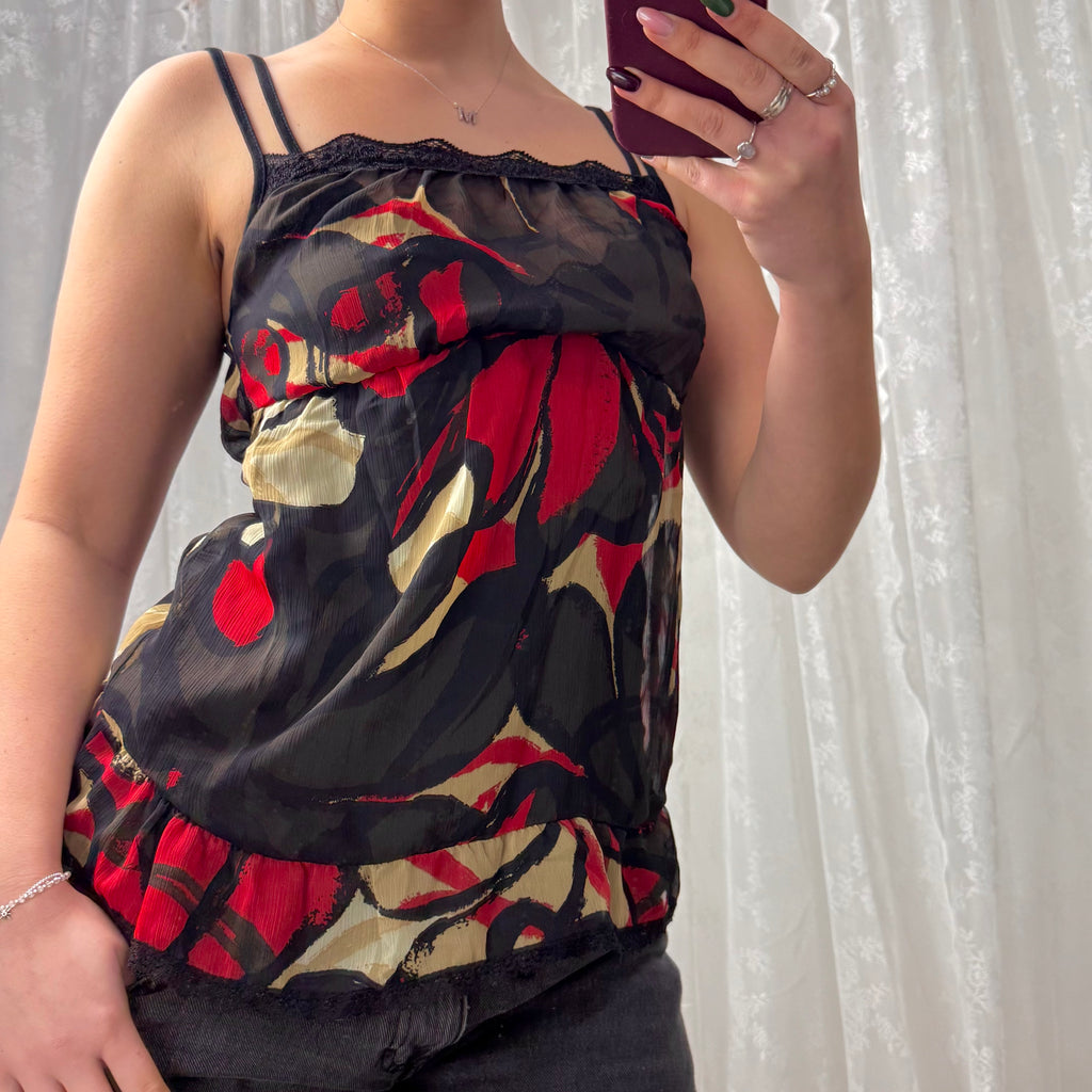 Red and black layered mesh cami top