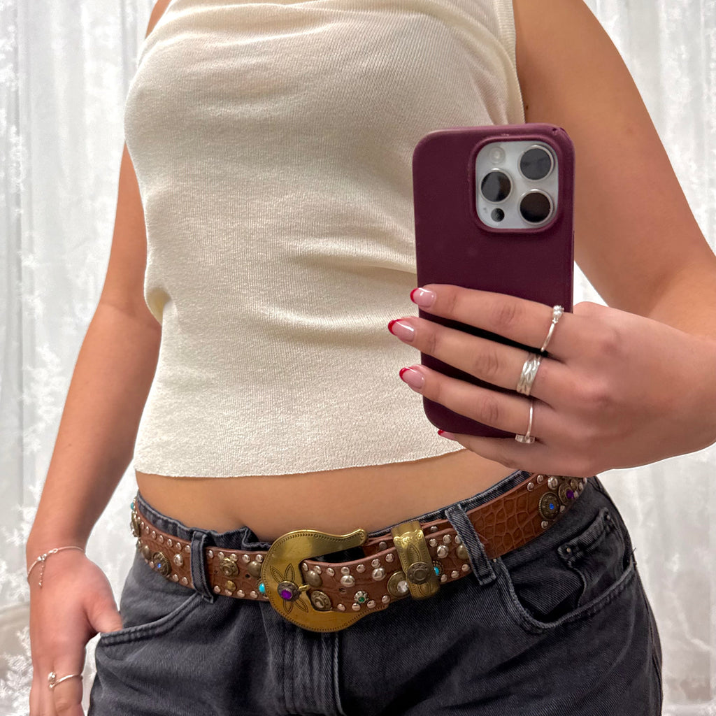 Brown gem buckle belt