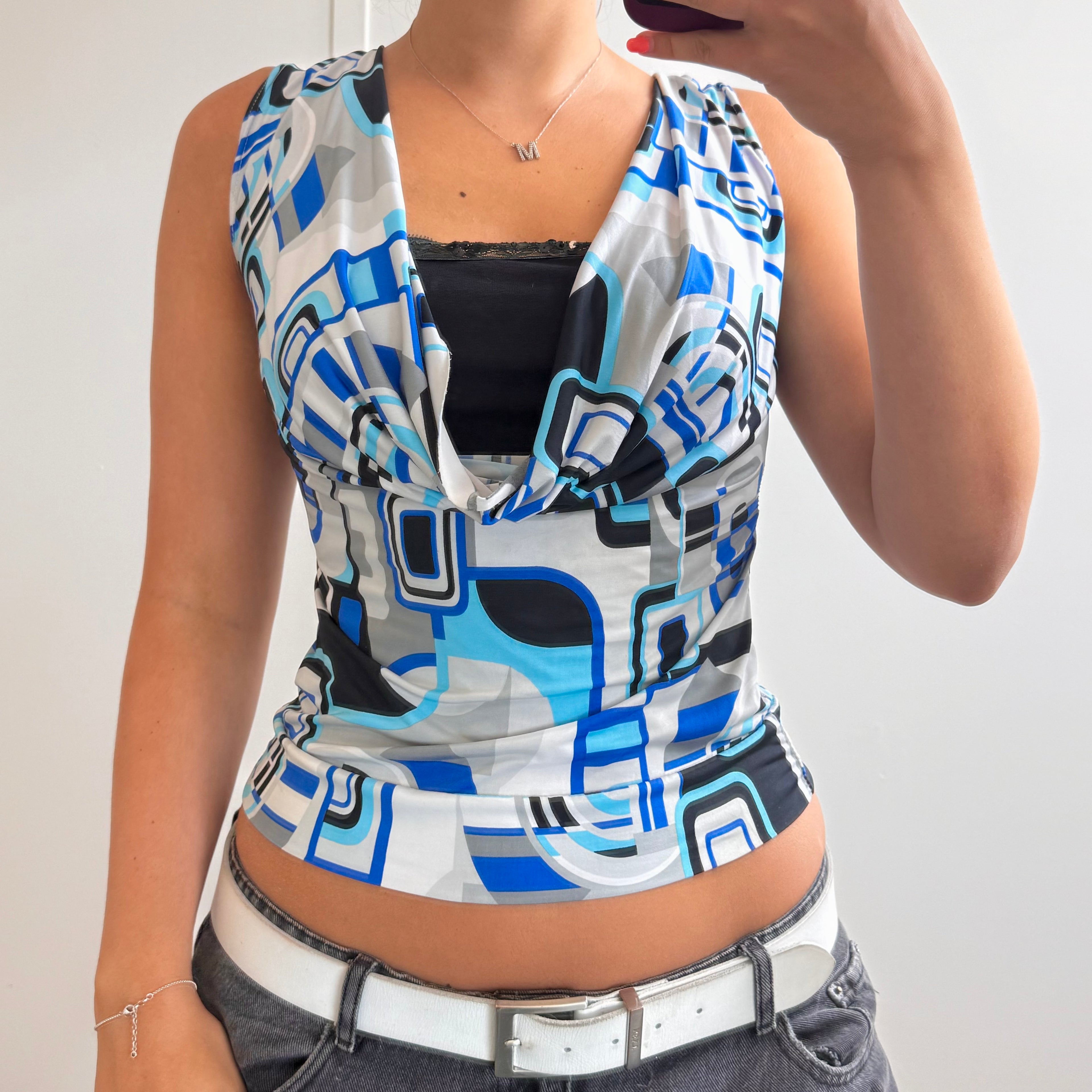 Blue patterned slinky layered cowl neck top