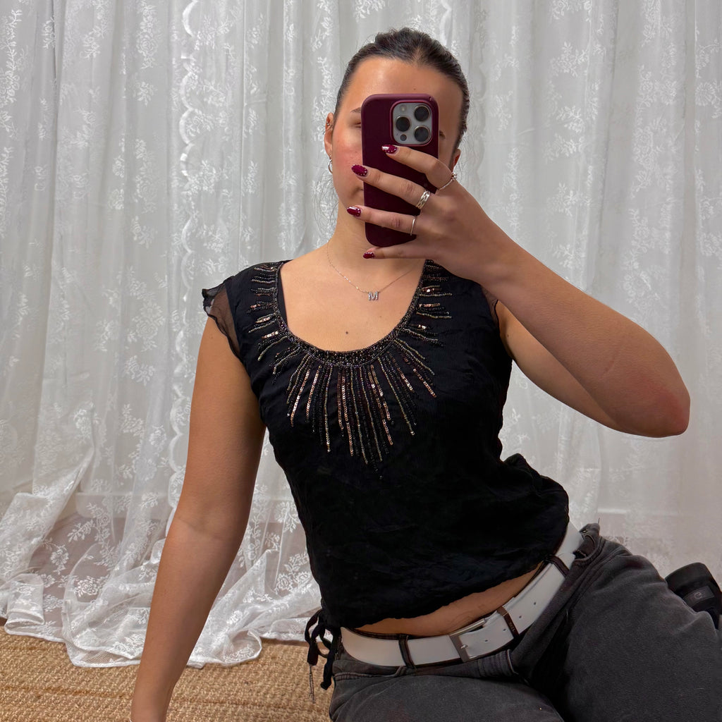 Black beaded chiffon top