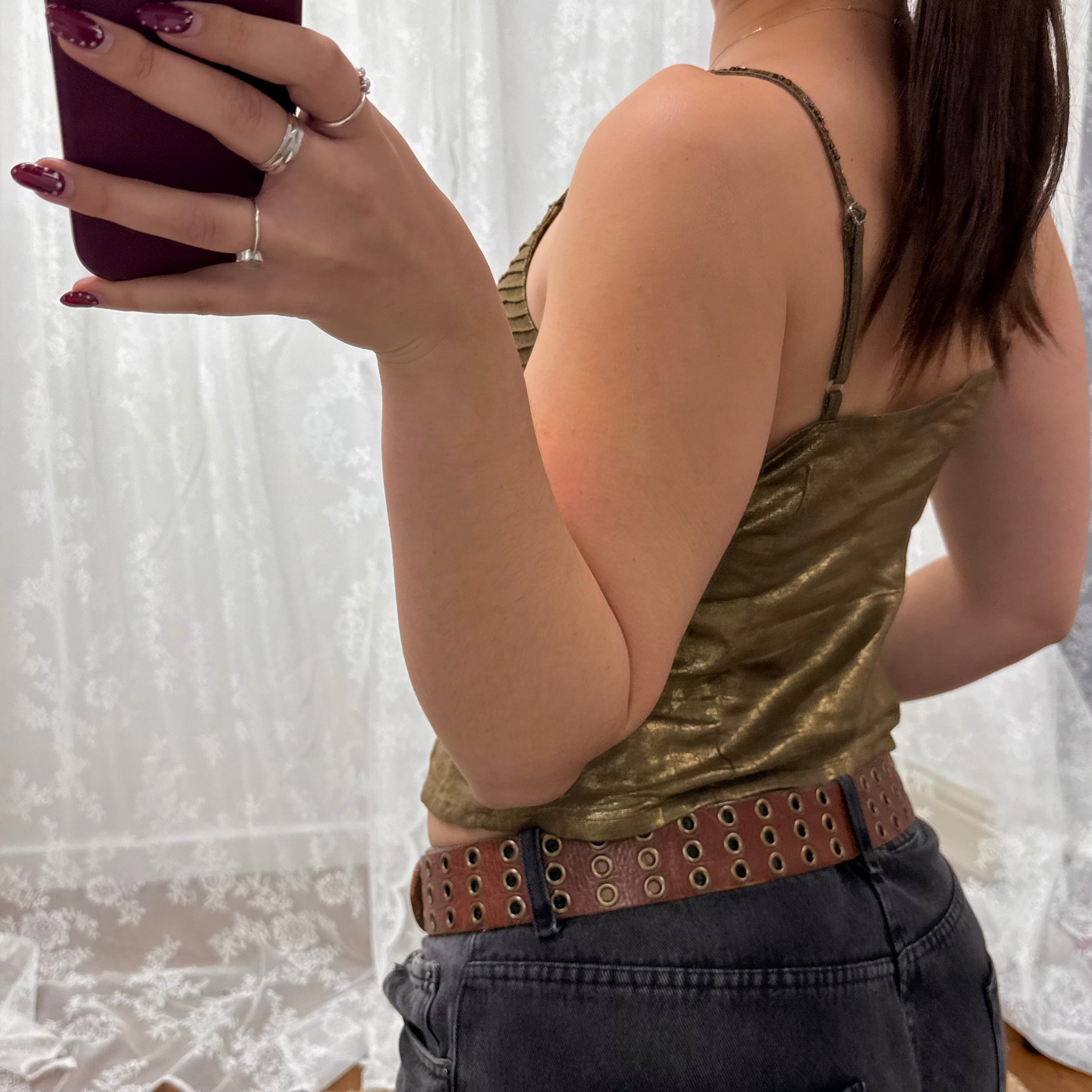 Green and bronze sequin cami top