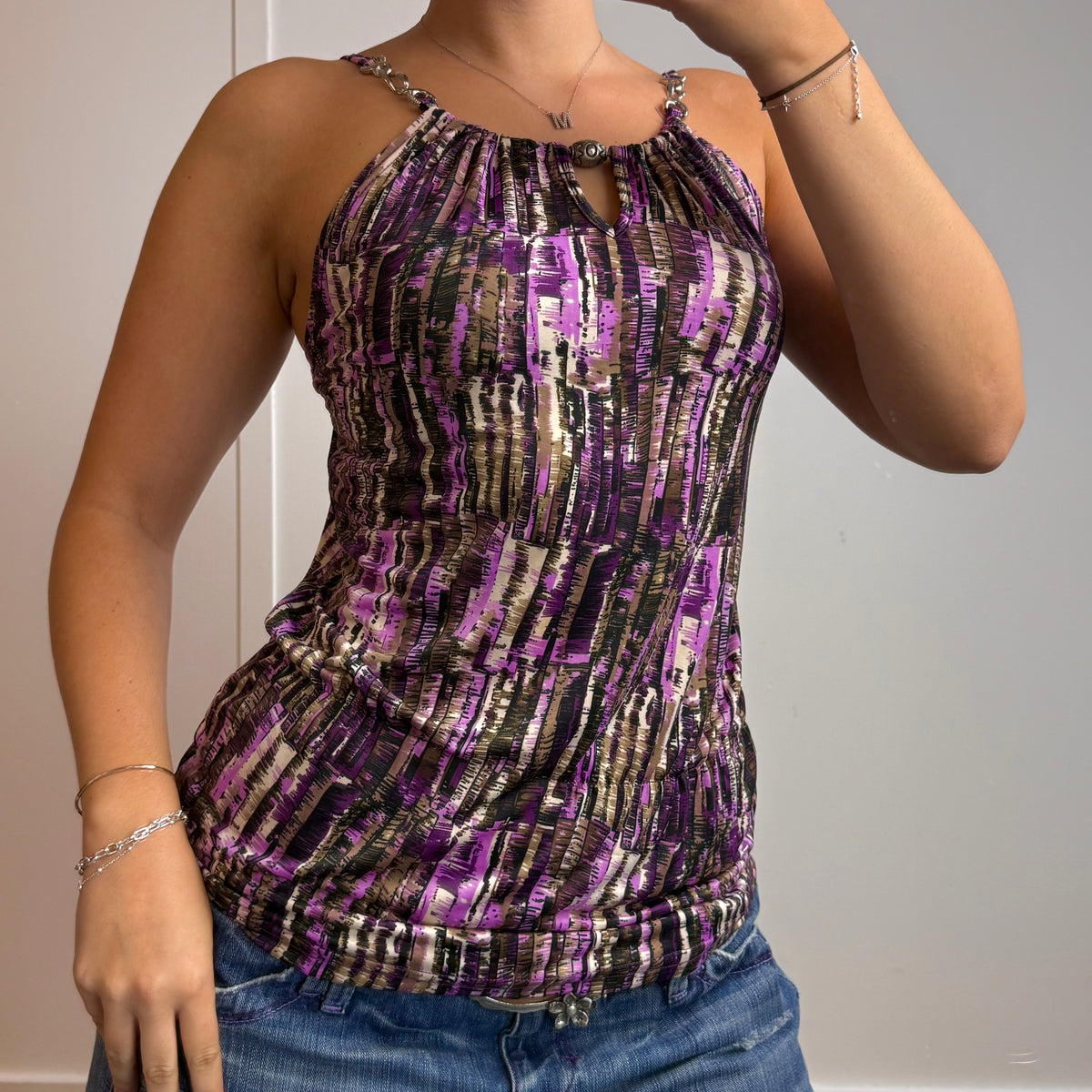 Purple patterned slinky cami top