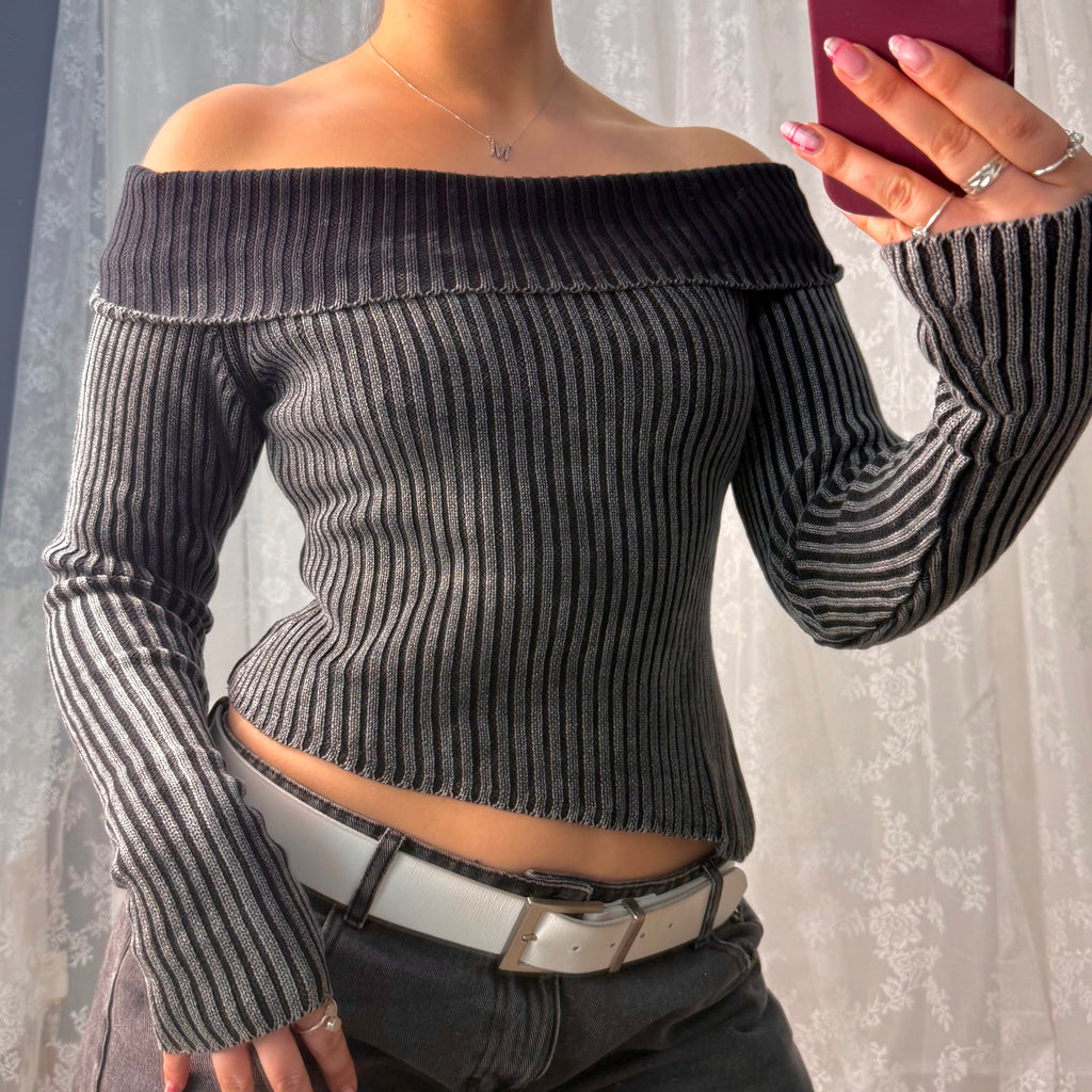Grey washed ribbed off the shoulder jumper