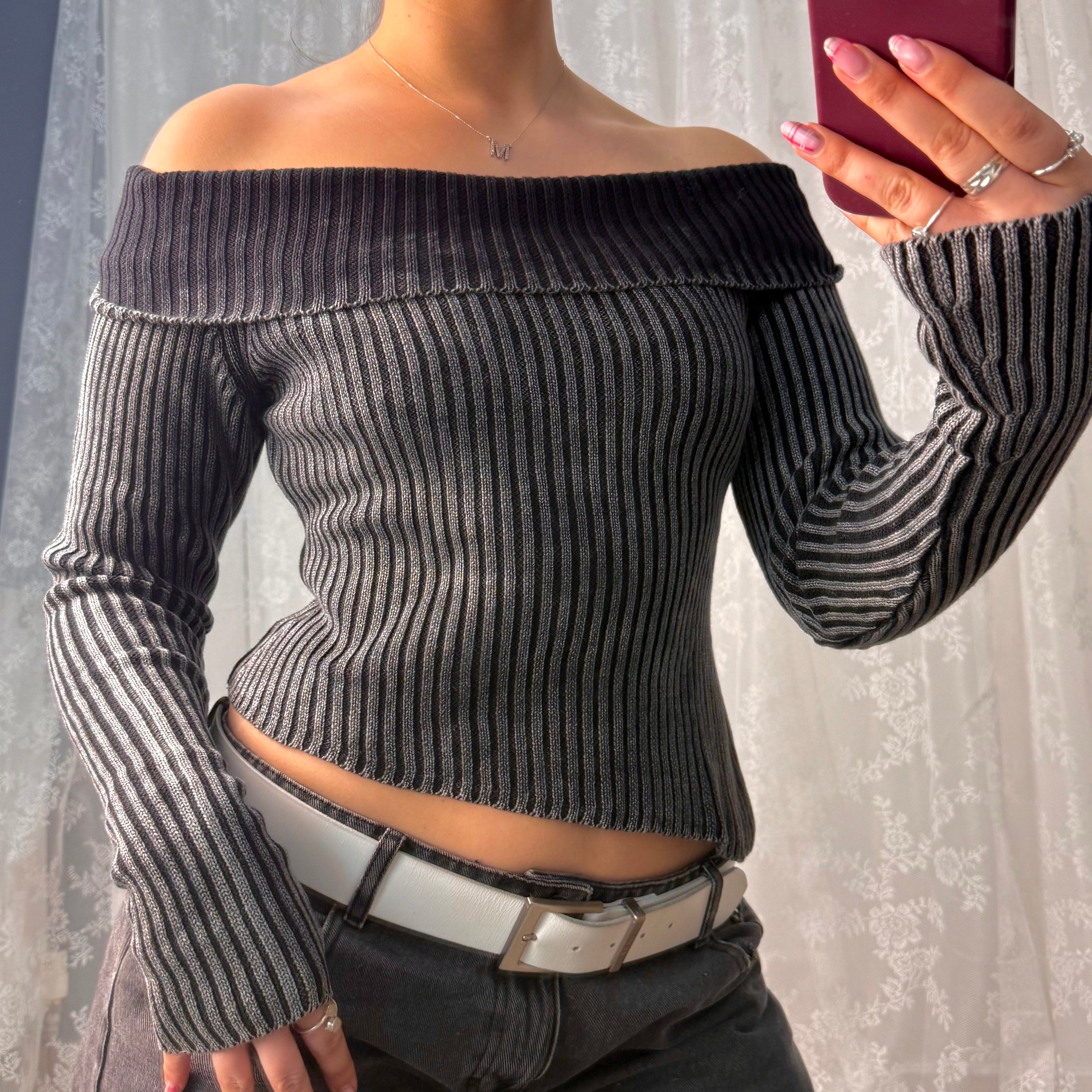 Grey washed ribbed off the shoulder jumper