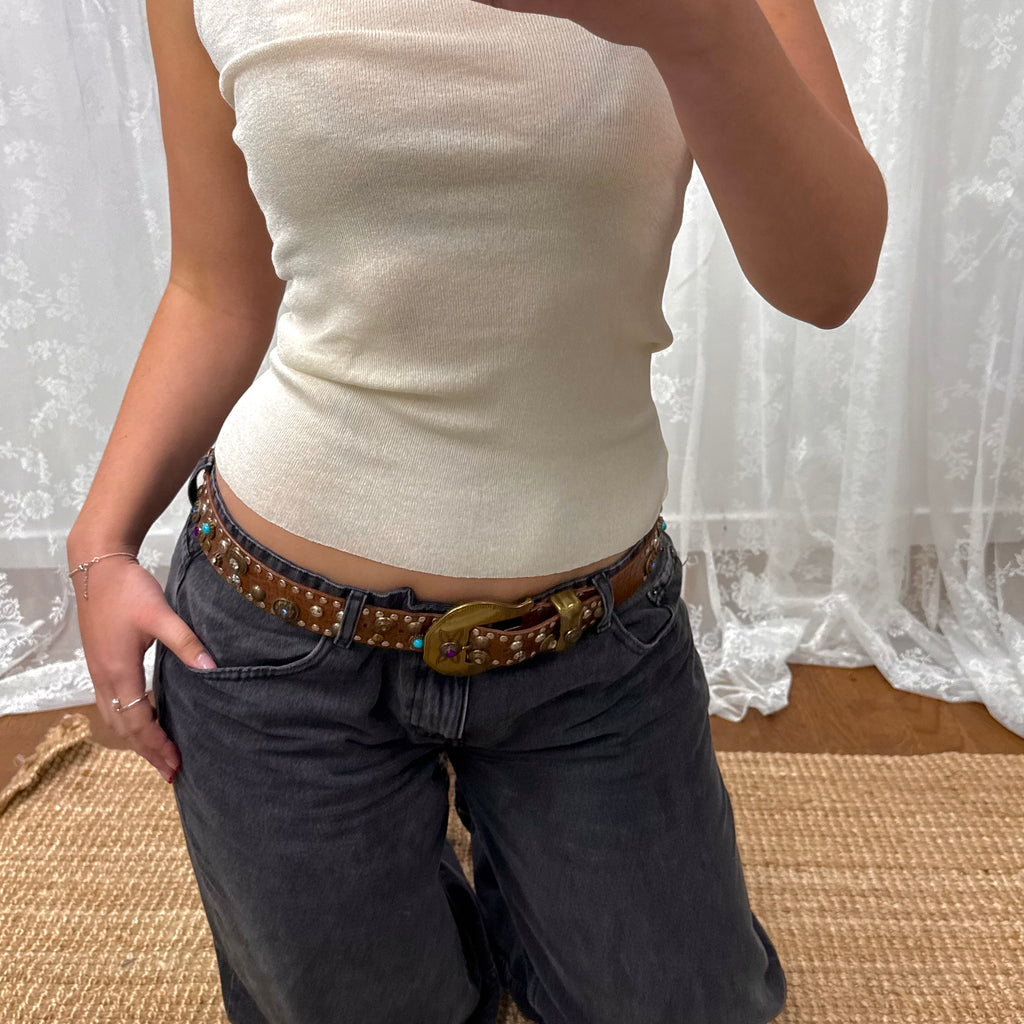 Brown gem buckle belt