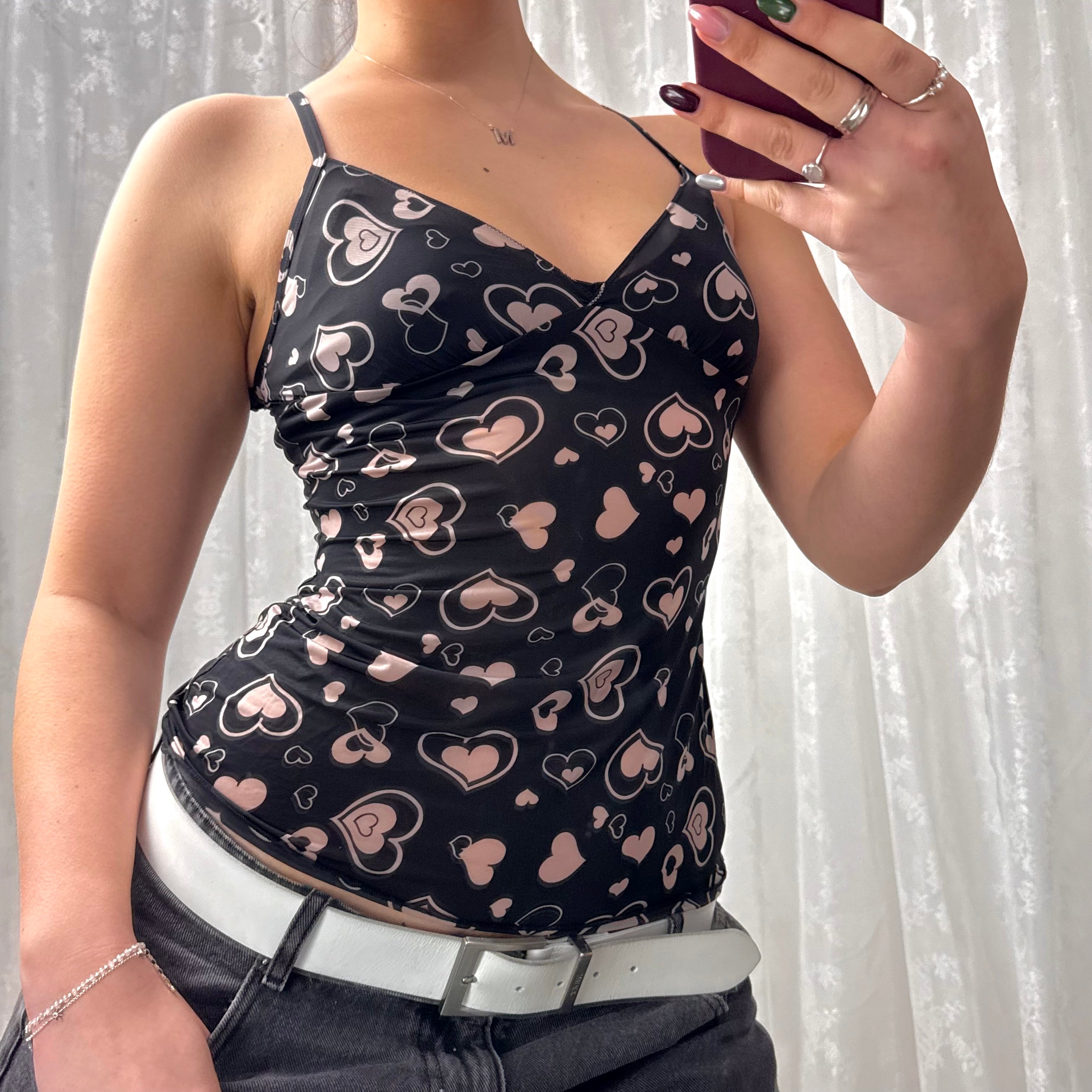 Black and pink mesh heart cami top