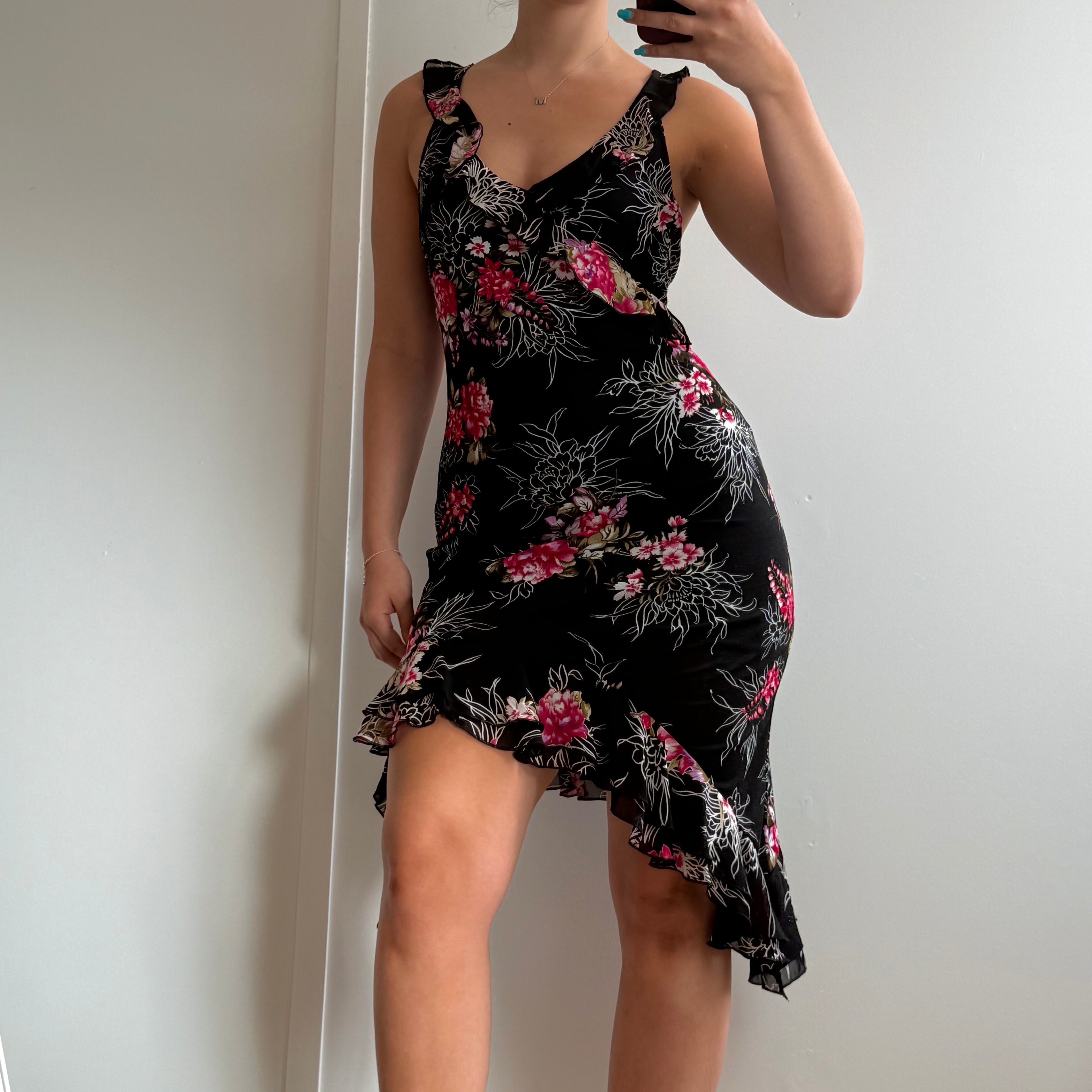 Black and pink floral mesh asymmetrical dress