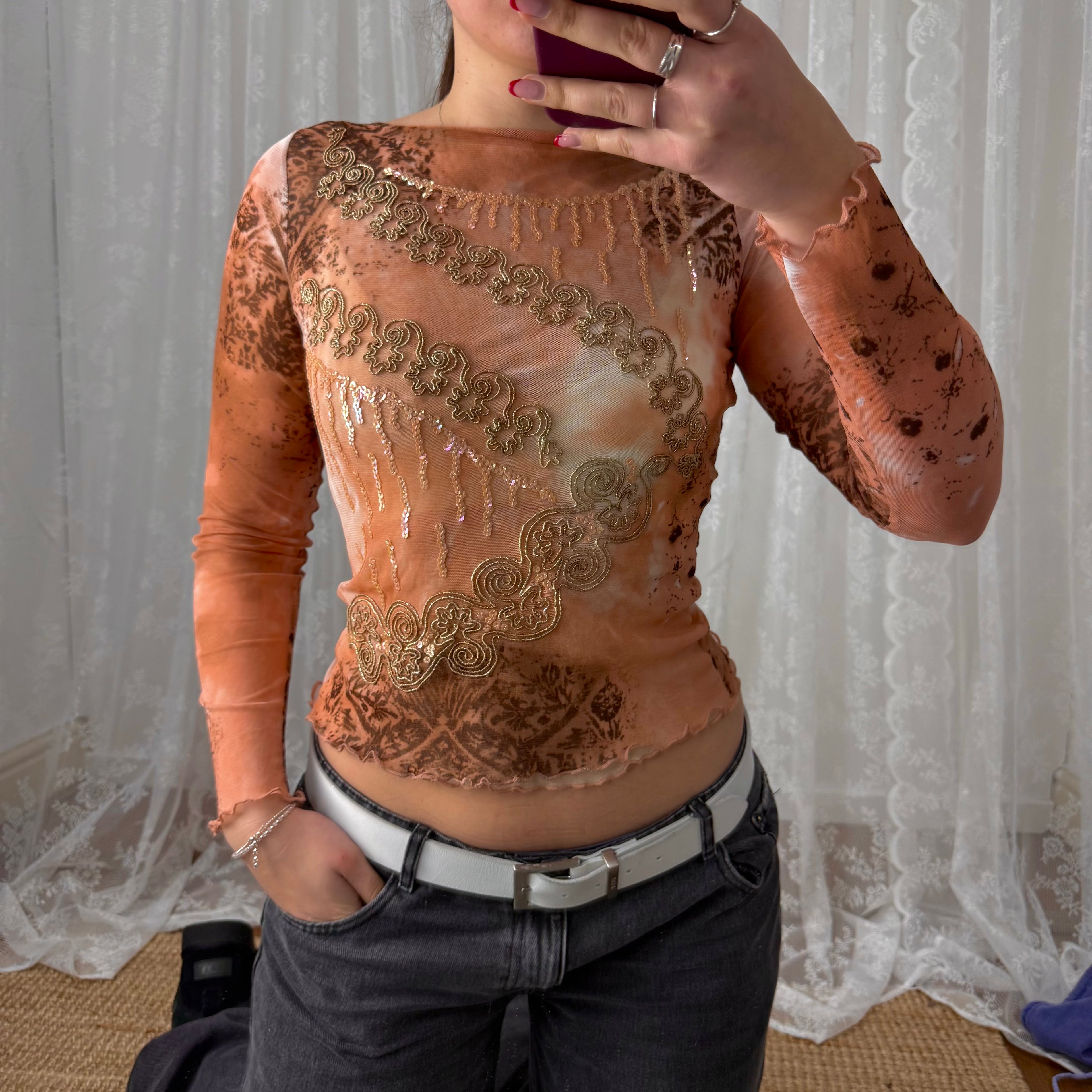 Pink mesh beaded and sequin long sleeved top