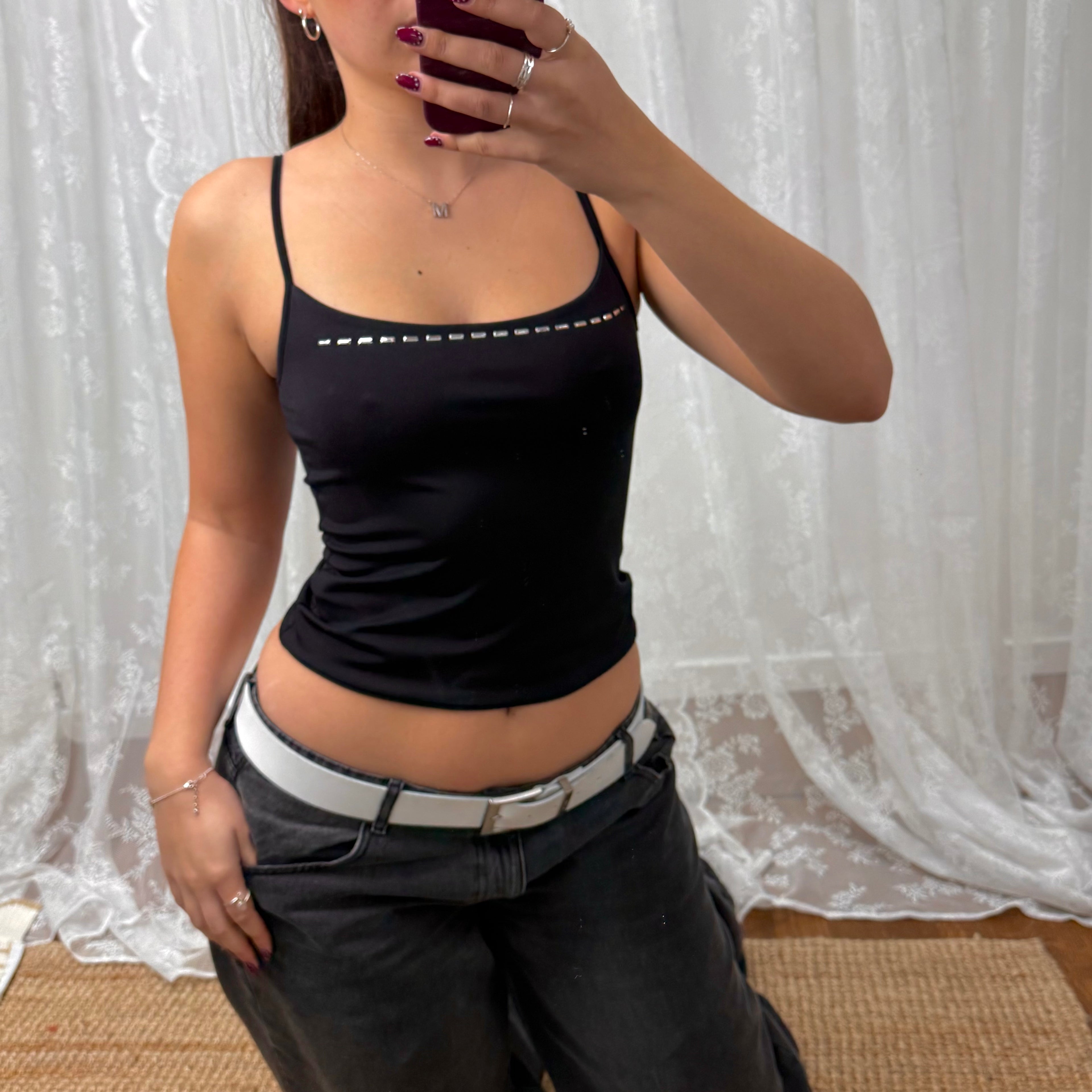 Black slinky crop top with silver pattern