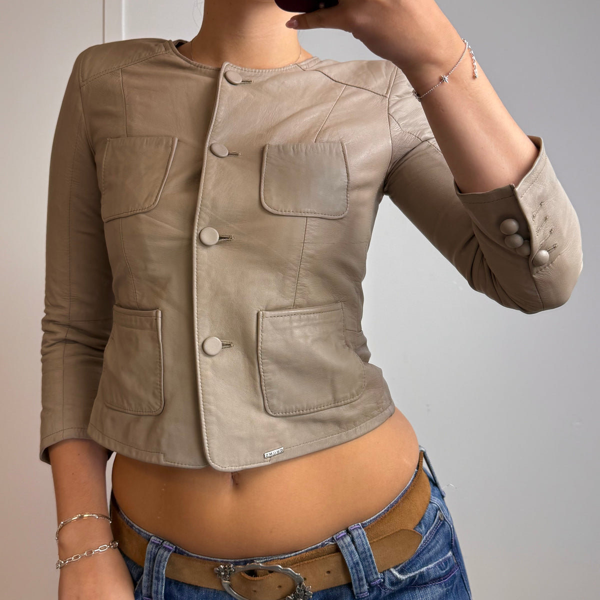 Beige leather button up jacket