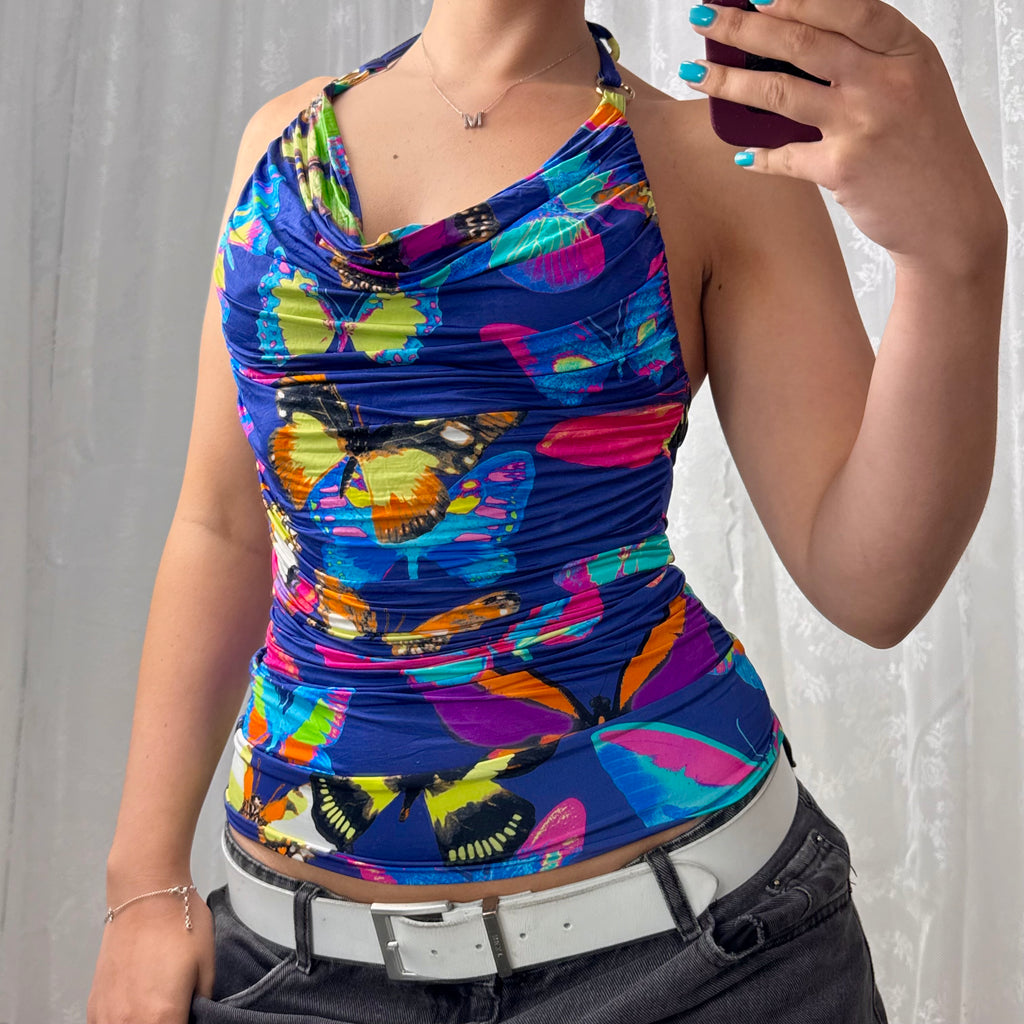 Butterfly slinky cowl neck top