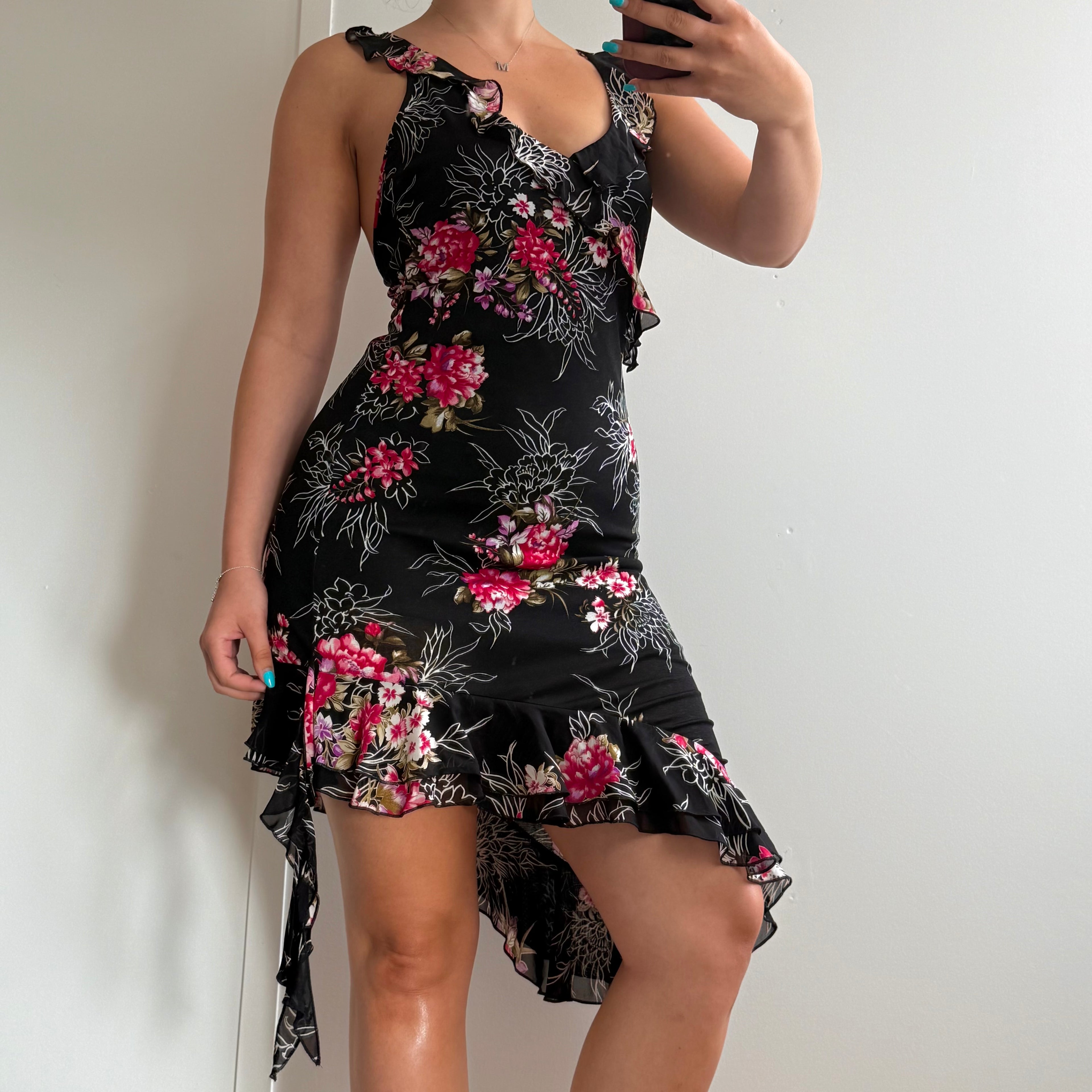 Black and pink floral mesh asymmetrical dress