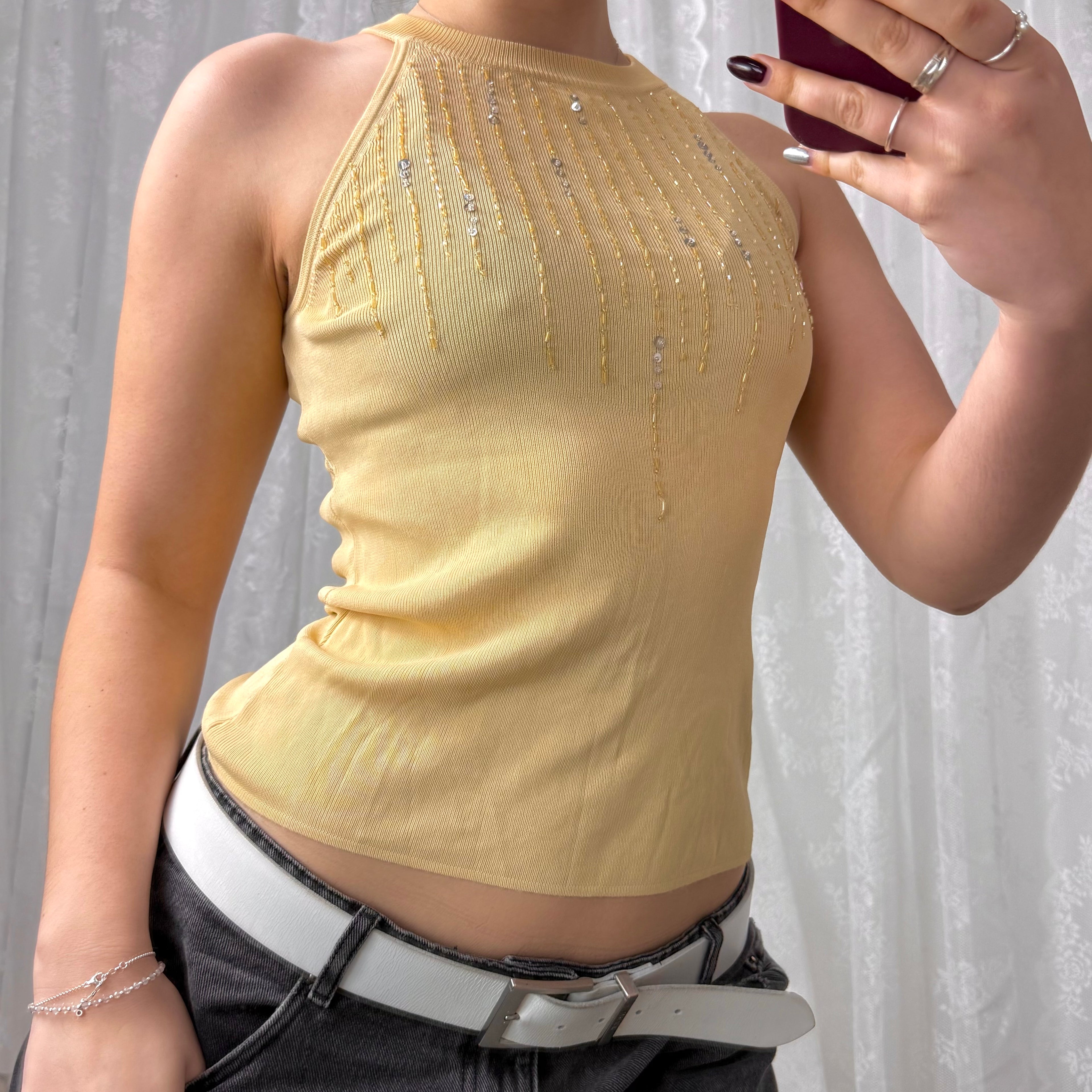 Beige sequin racer top